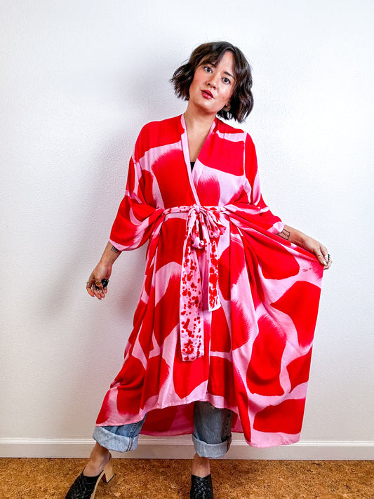 Hand-Dyed High Low Kimono Pink Scarlet Brush