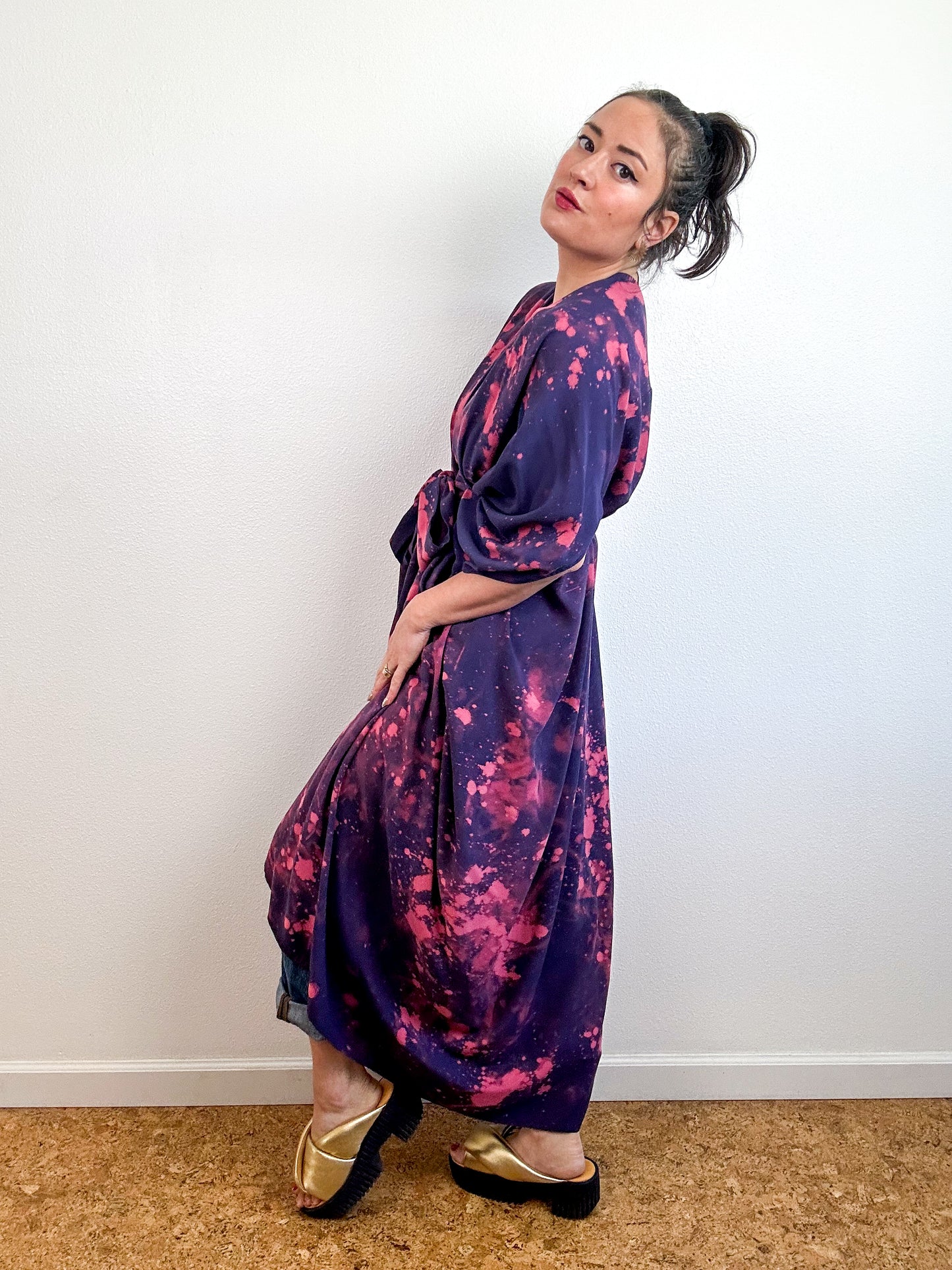Bleached High Low Kimono Navy Peach Speckle