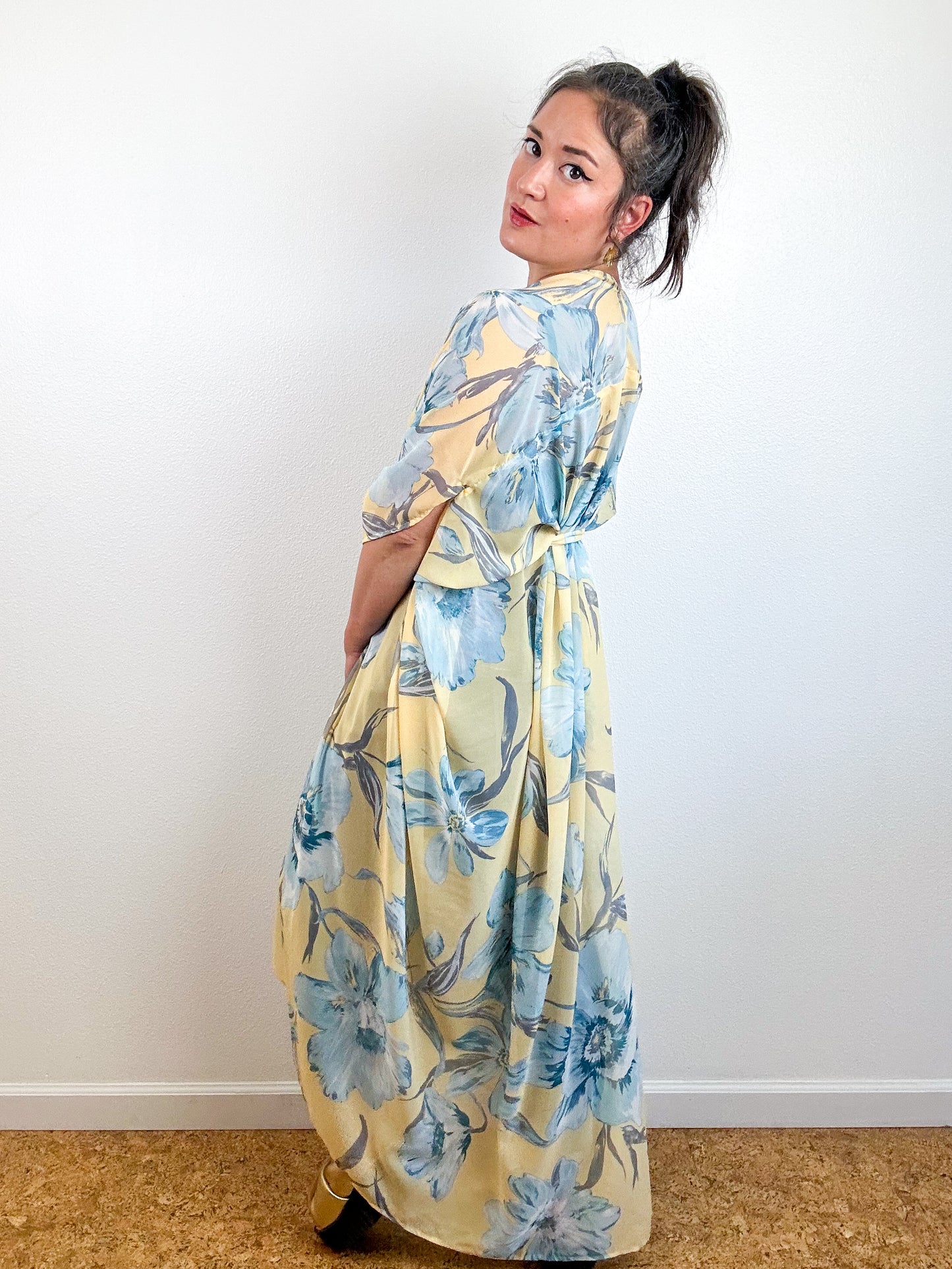 Print High Low Kimono Butter Yellow Floral Chiffon