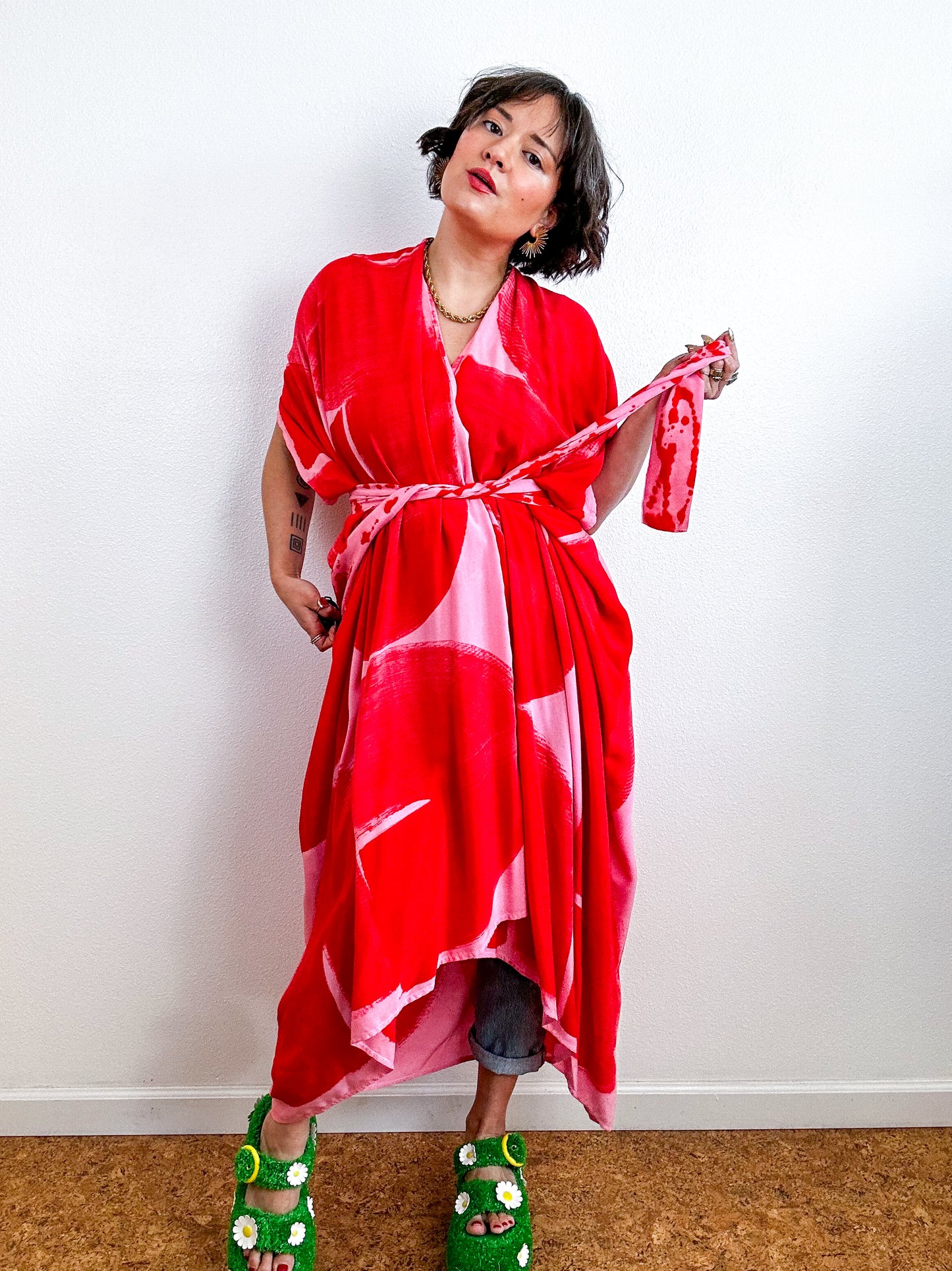 Hand-Dyed High Low Kimono Pink Scarlet Arc