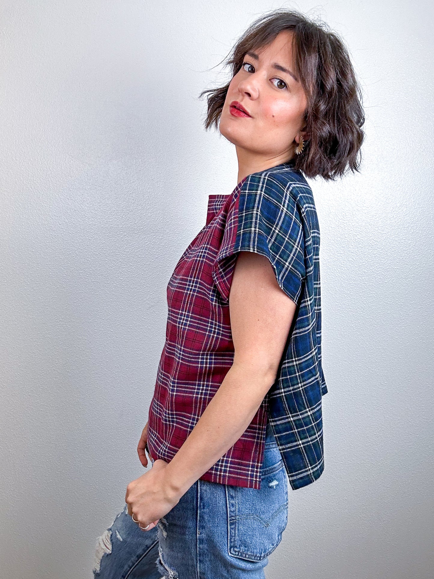 Flip Crop Plaid Flannel Maroon Navy