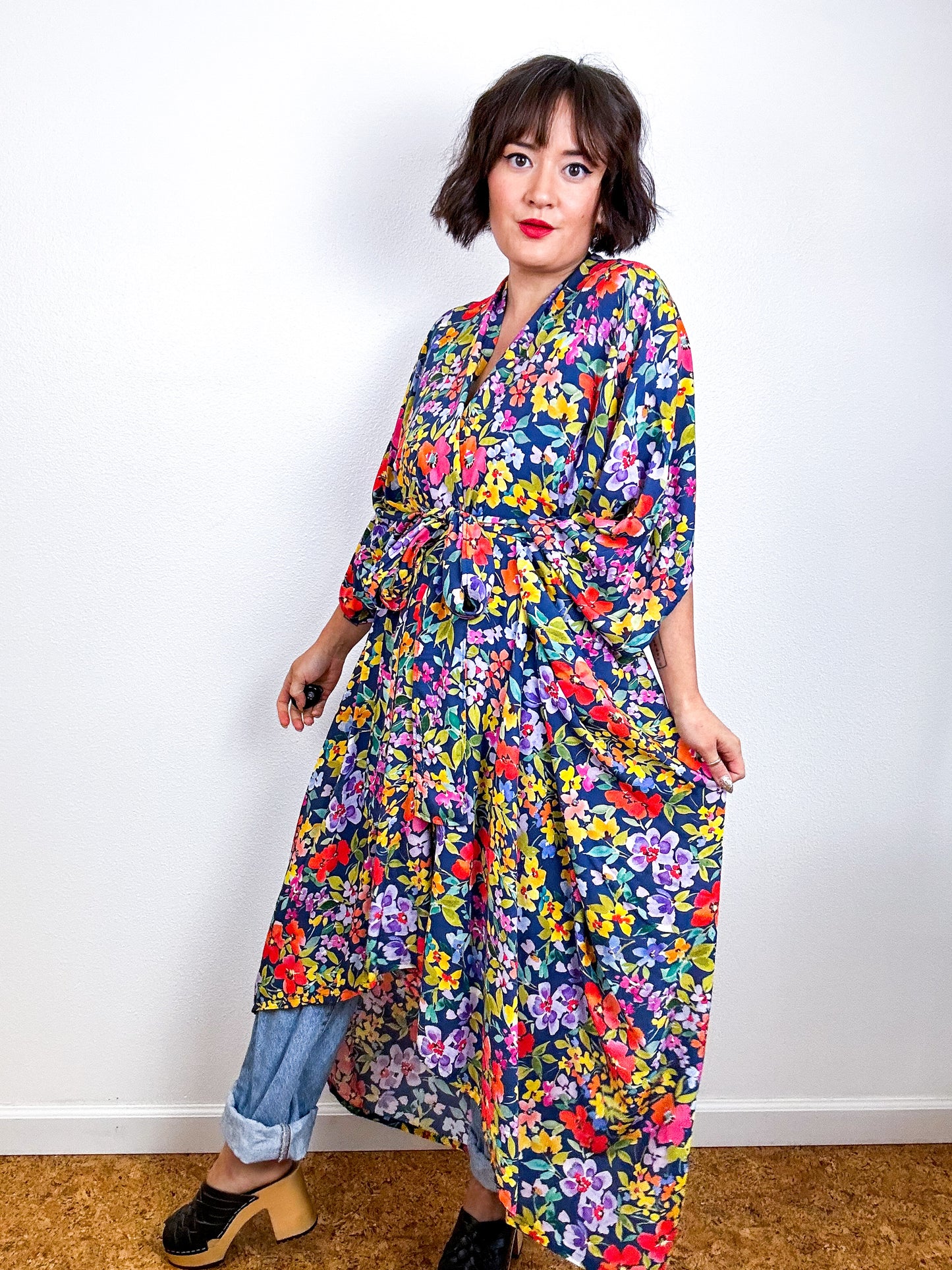 Print High Low Kimono Blue Floral Challis