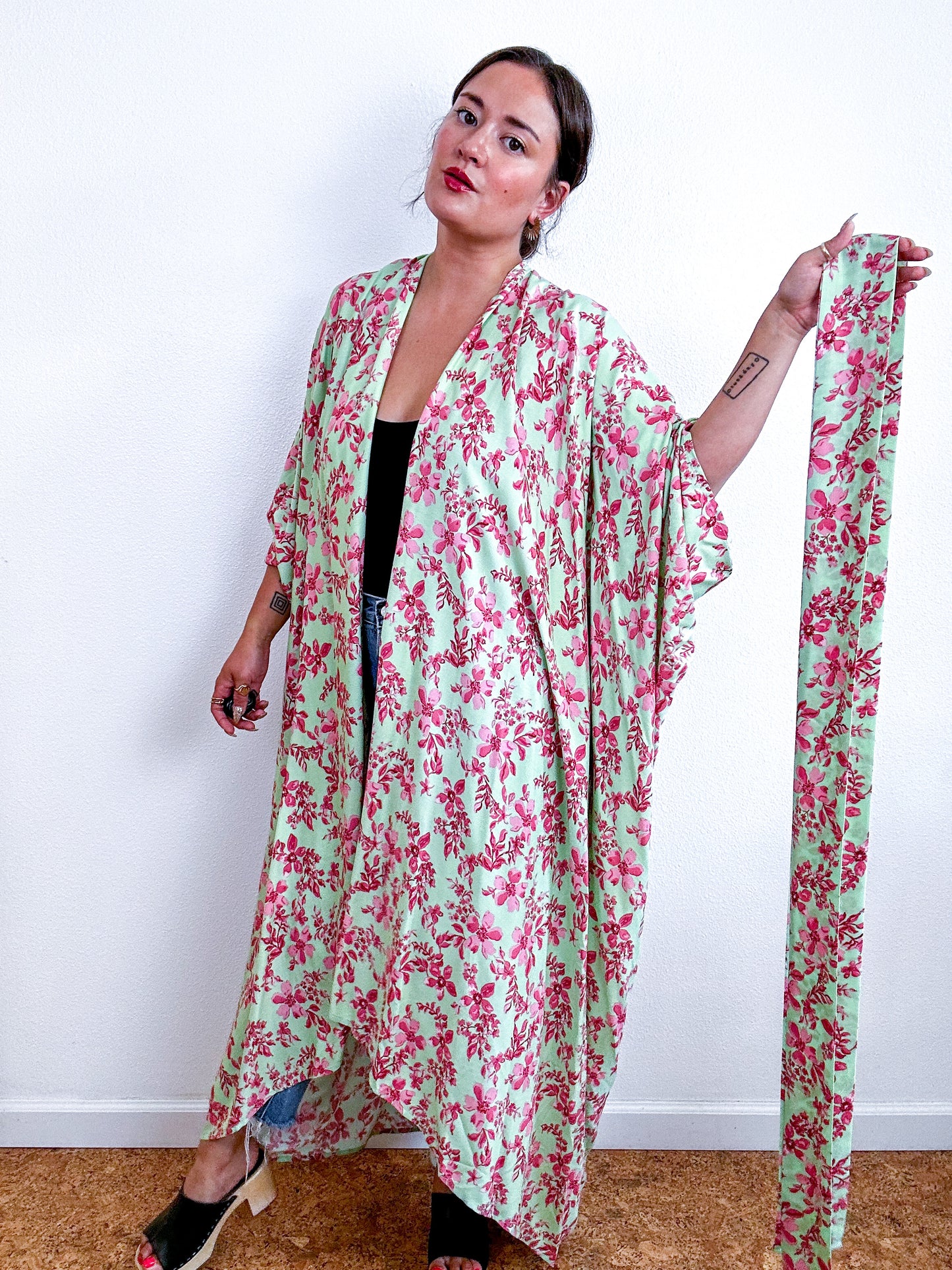 Print High Low Kimono Mint Pink Floral Challis