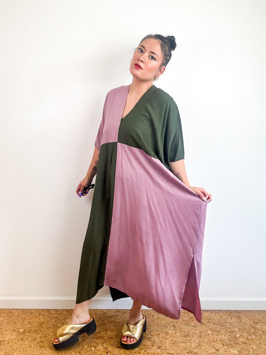 Color Block Midi Caftan Dress Olive Mauve
