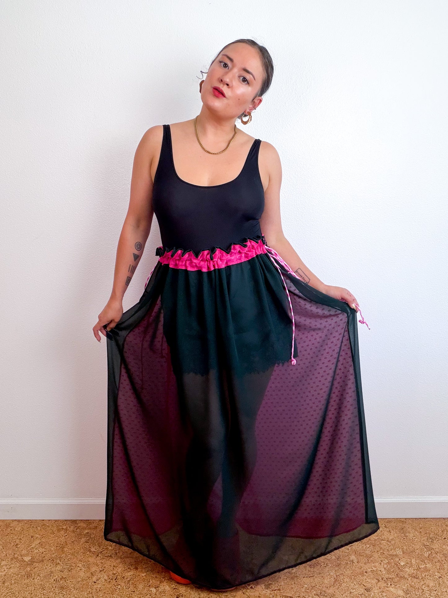 THE SKIRT Fuchsia Swiss Dot Hunter Green Reversible Chiffon