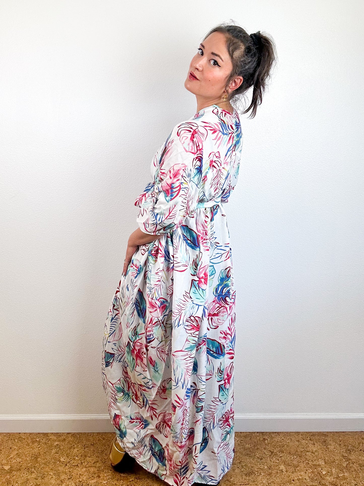 Print High Low Kimono White Rainbow Leaves Challis