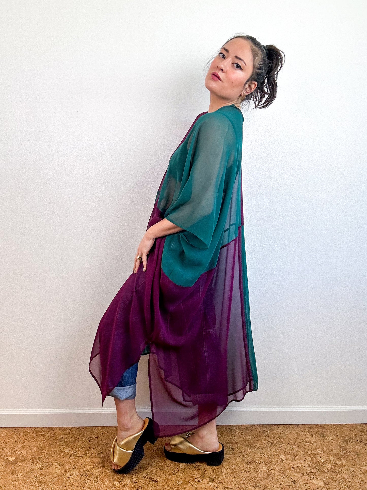 SILK Color Block Midi Caftan Dress Forest Maroon