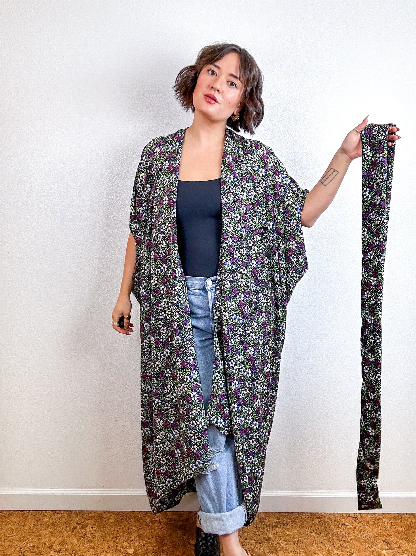 Print High Low Kimono Black Purple Mini Floral Crepe de Chine