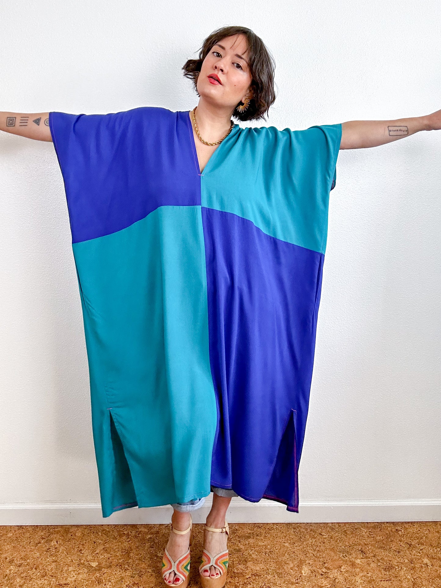 Color Block Midi Caftan Dress Turquoise Royal