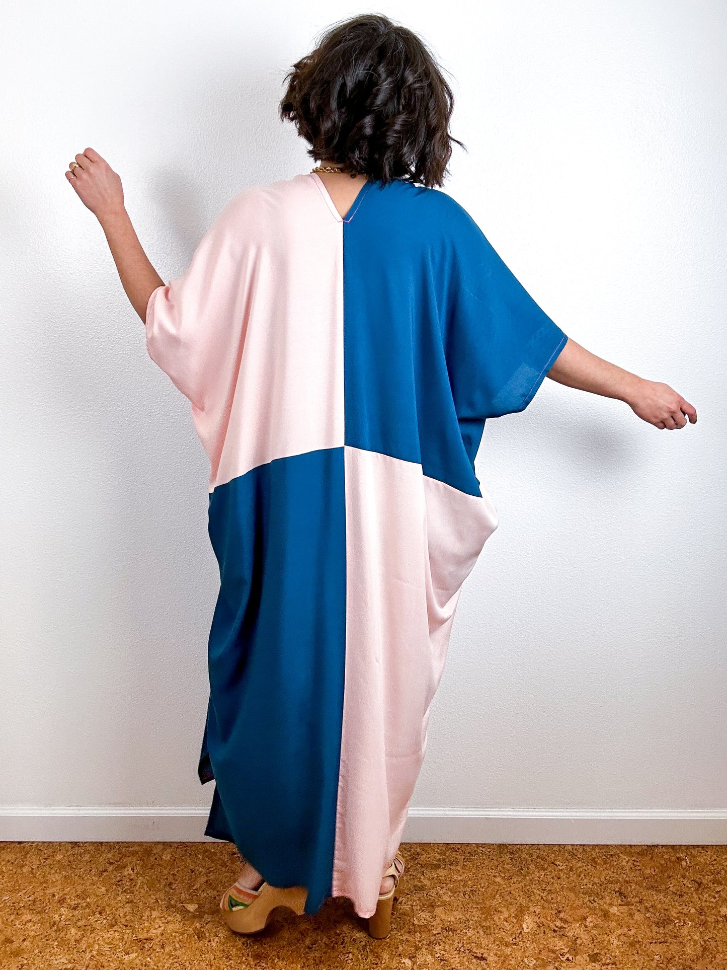 Color Block Midi Caftan Dress Teal Blush