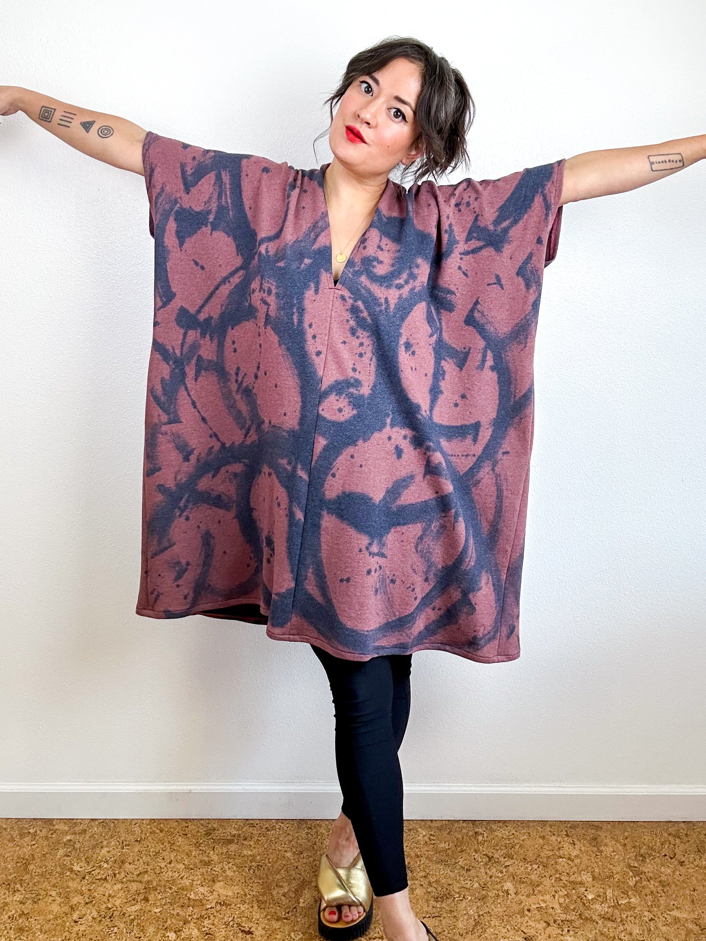 Hand-Dyed Cotton Sweatshirt Caftan Dress Rose Sumi