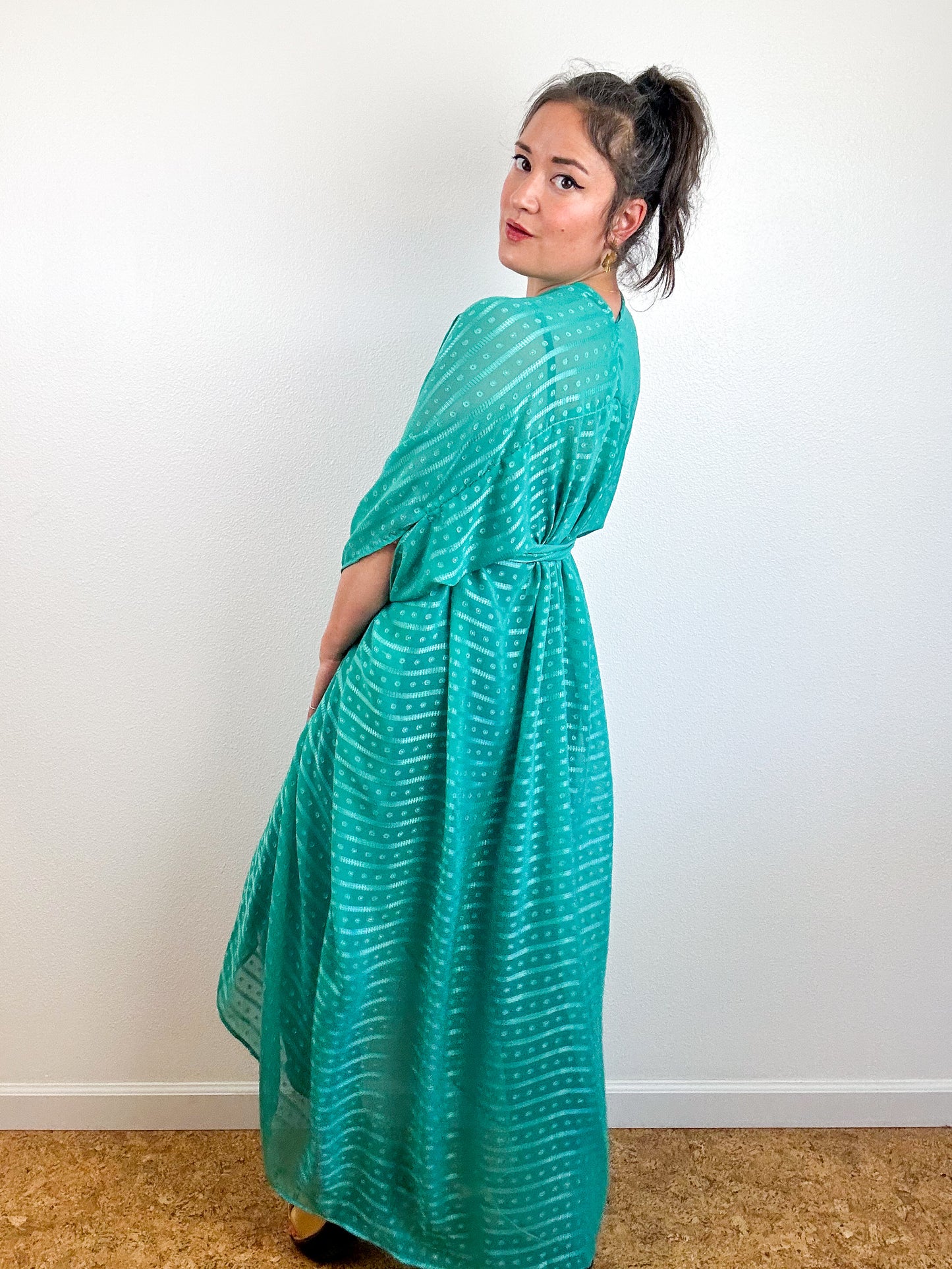 Print High Low Kimono Seafoam Dots Stripes Chiffon