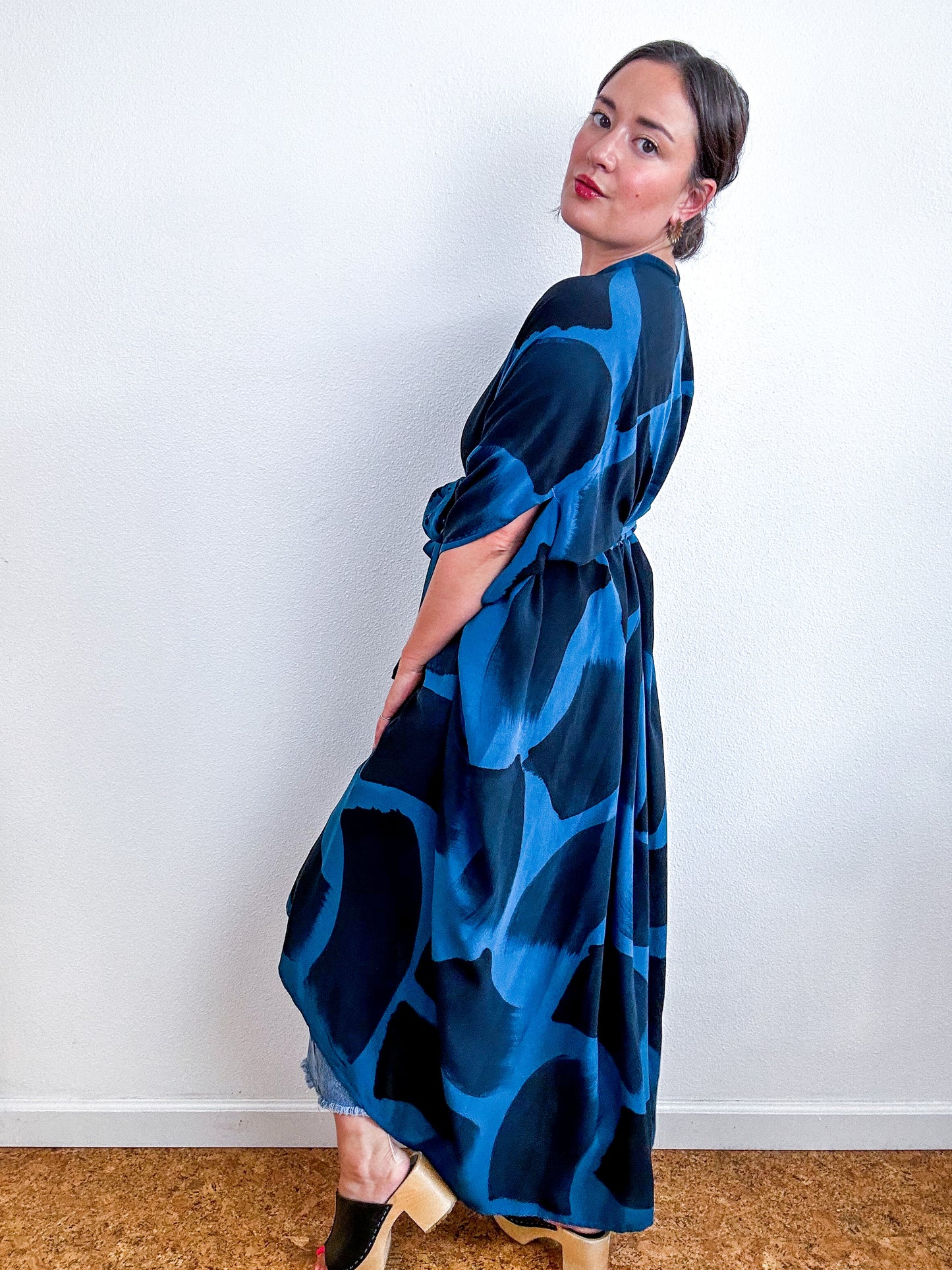 Hand-Dyed High Low Kimono Teal Black Brush