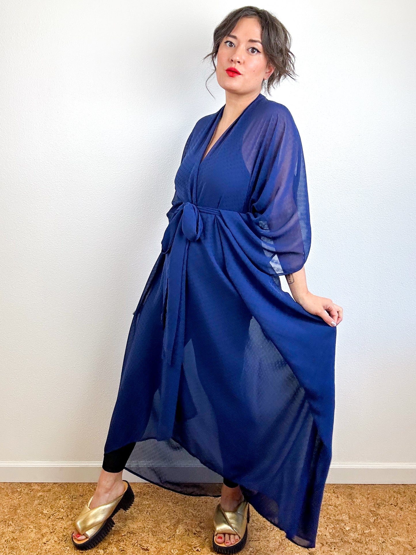 Print High Low Kimono Navy Mini Dots Chiffon