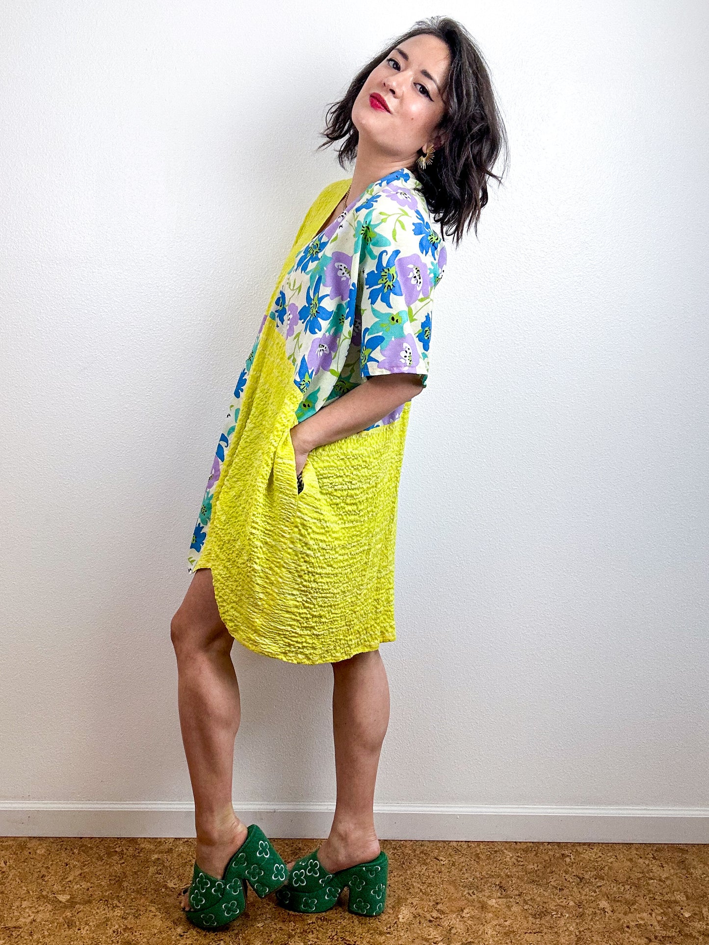 Color Block Mini Caftan Dress Blue Floral Citron Stripe