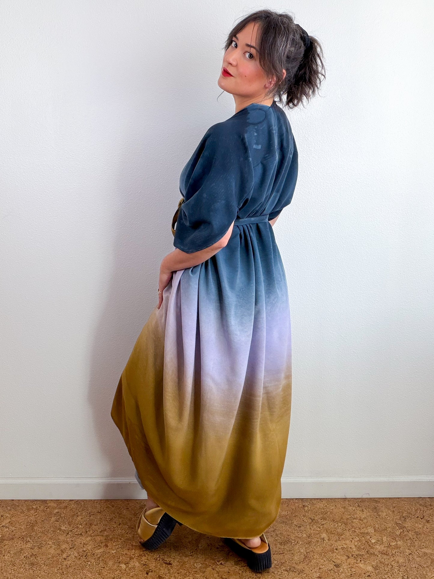 Hand-Dyed High Low Kimono Raven Wisteria Bronze Gradient