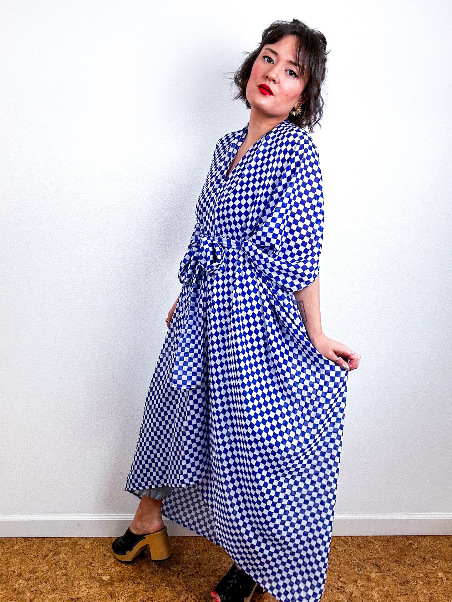 Print High Low Kimono Blue Checker Chiffon