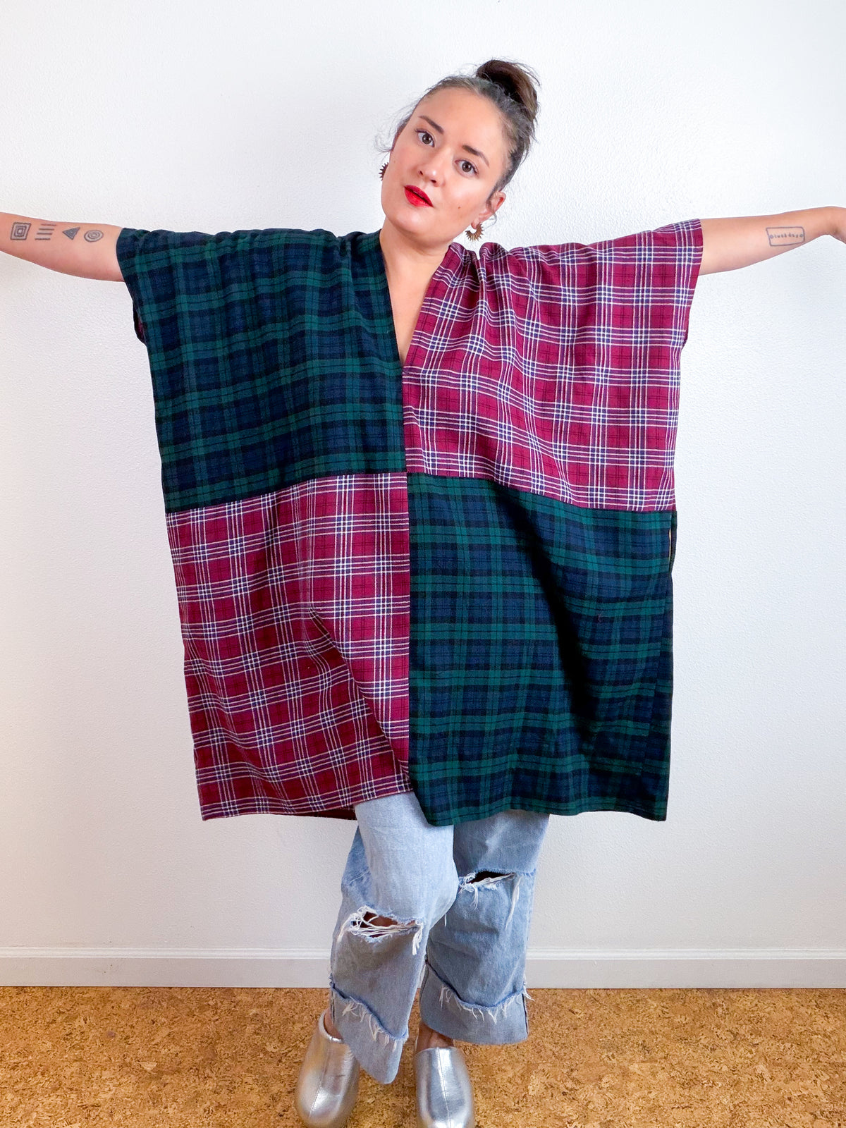 Plaid Flannel Caftan Dress Maroon Forest