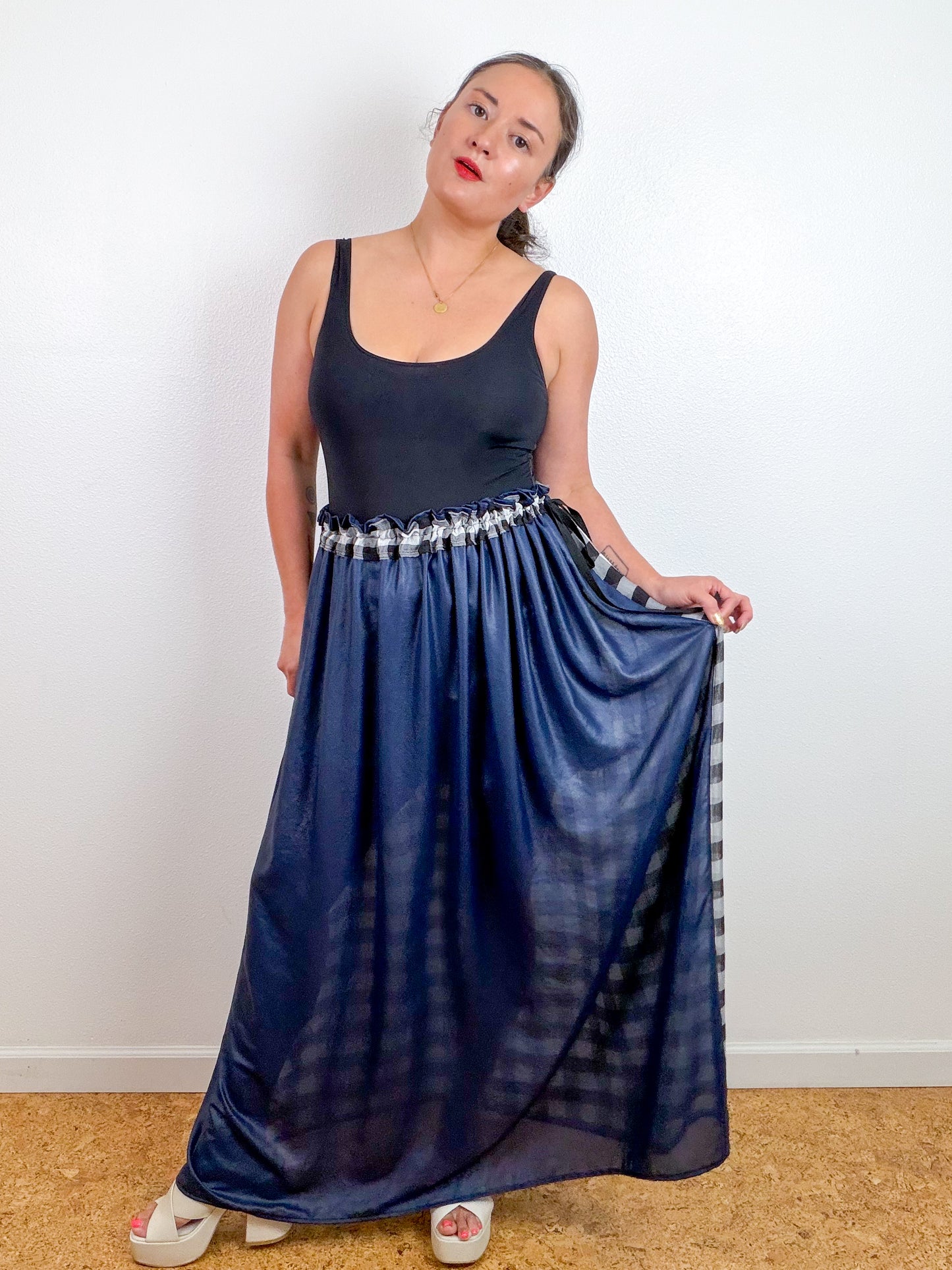 THE SKIRT Black Grey Gingham Metallic Navy Reversible Chiffon