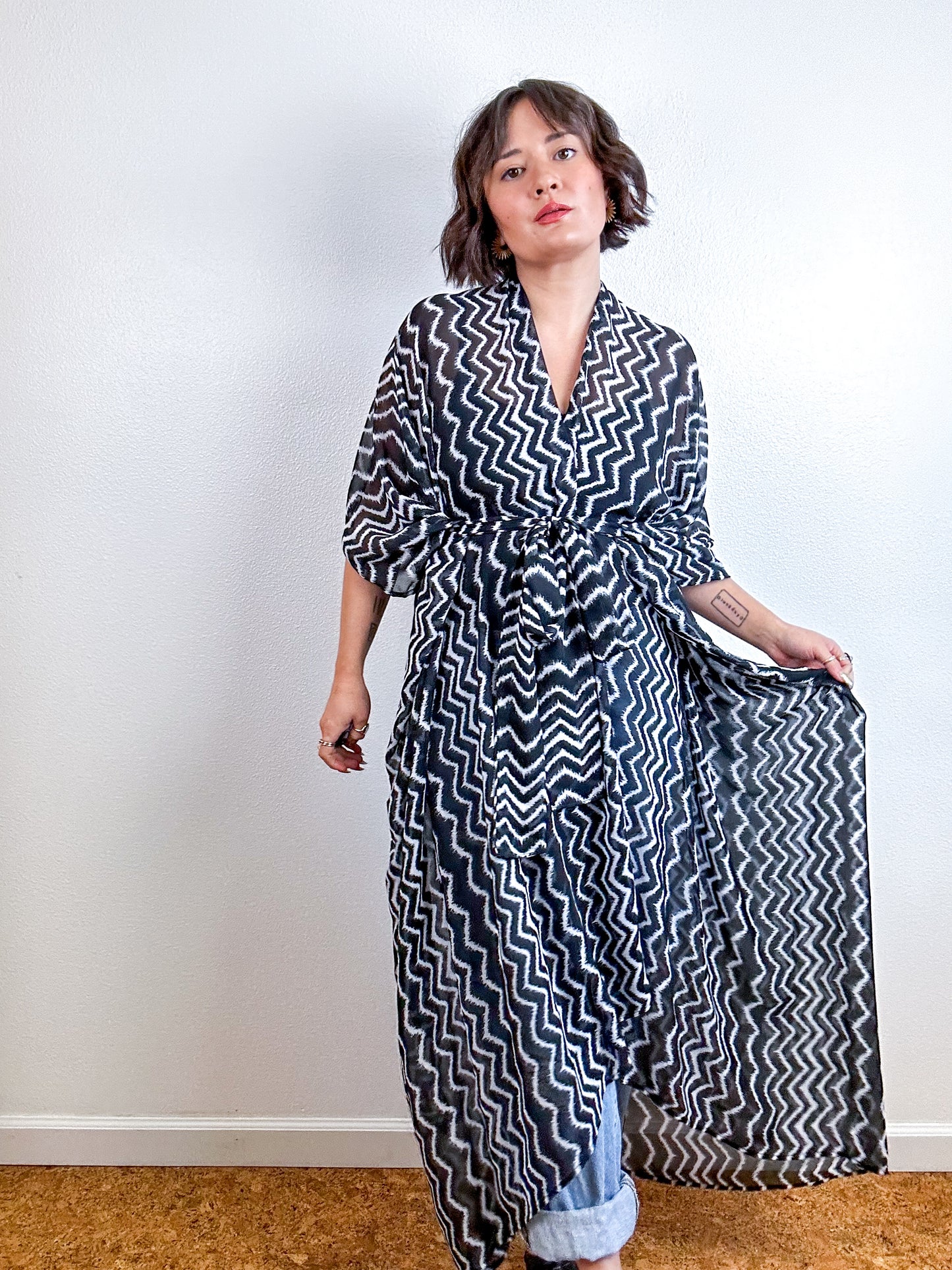 Print High Low Kimono Black White Zig Zag Chiffon