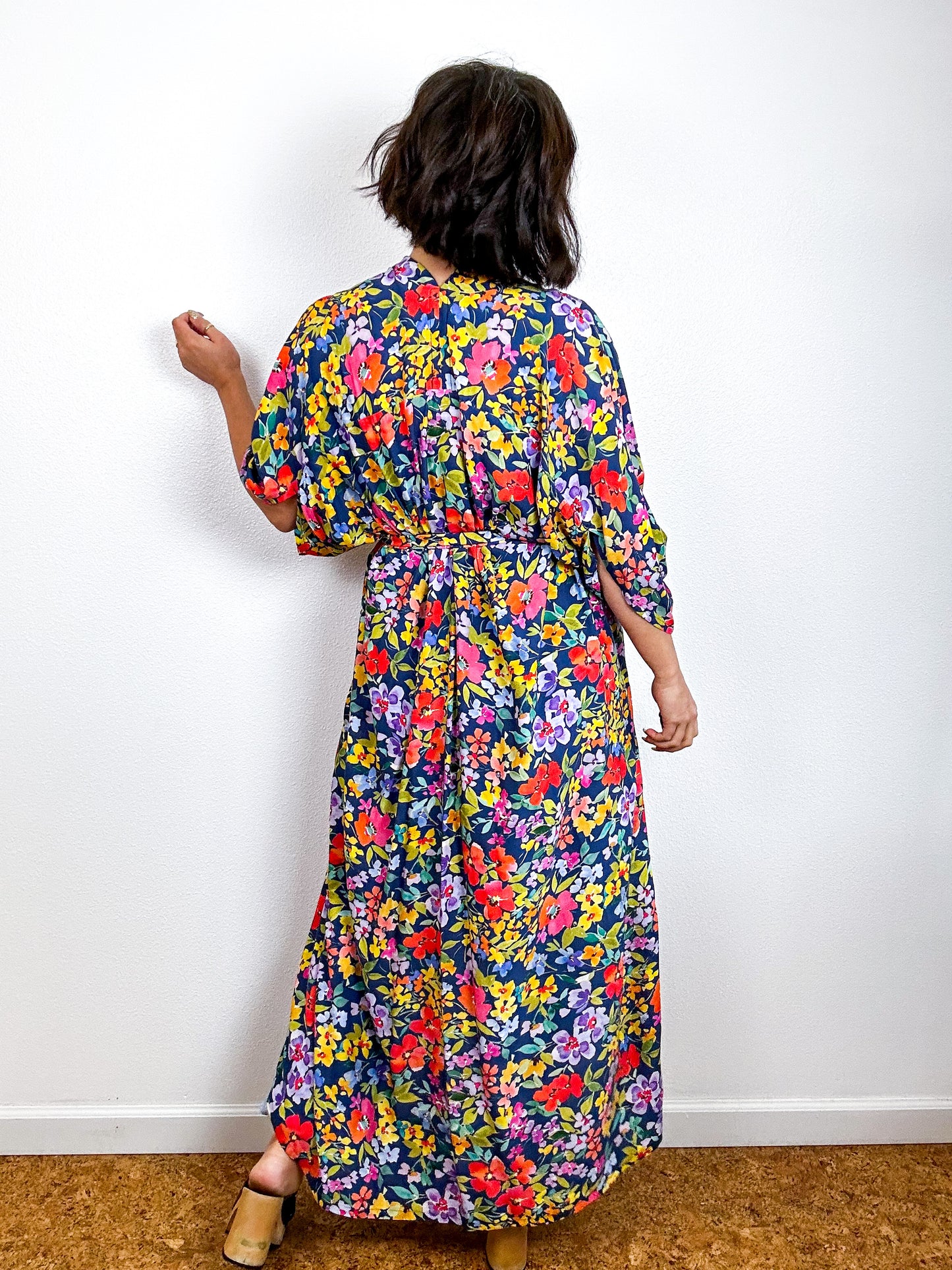 Print High Low Kimono Blue Floral Challis