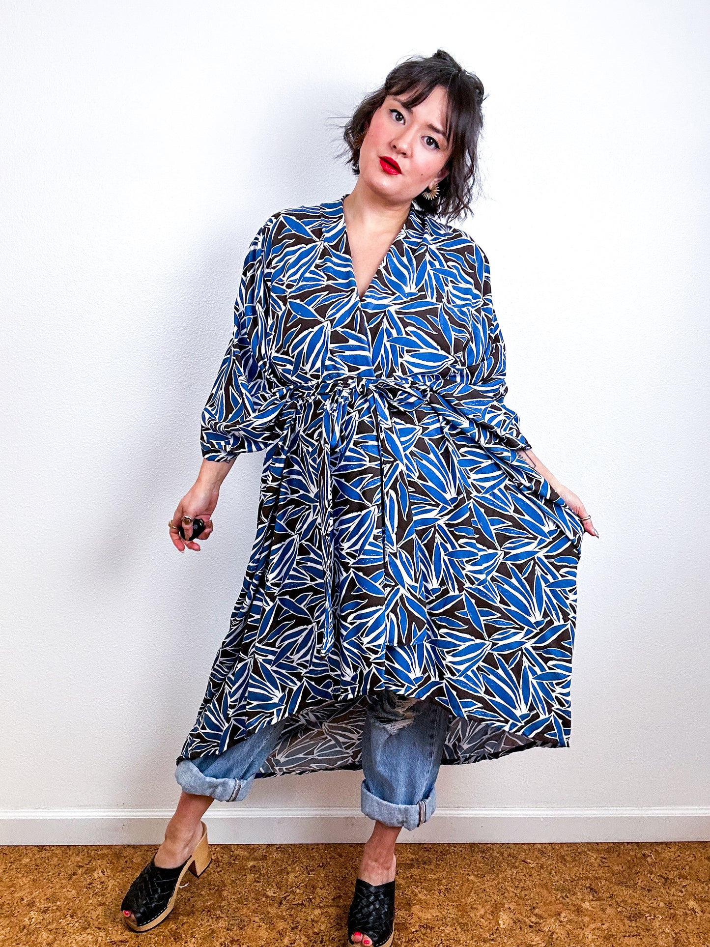Print High Low Kimono Brown Blue Bamboo Challis