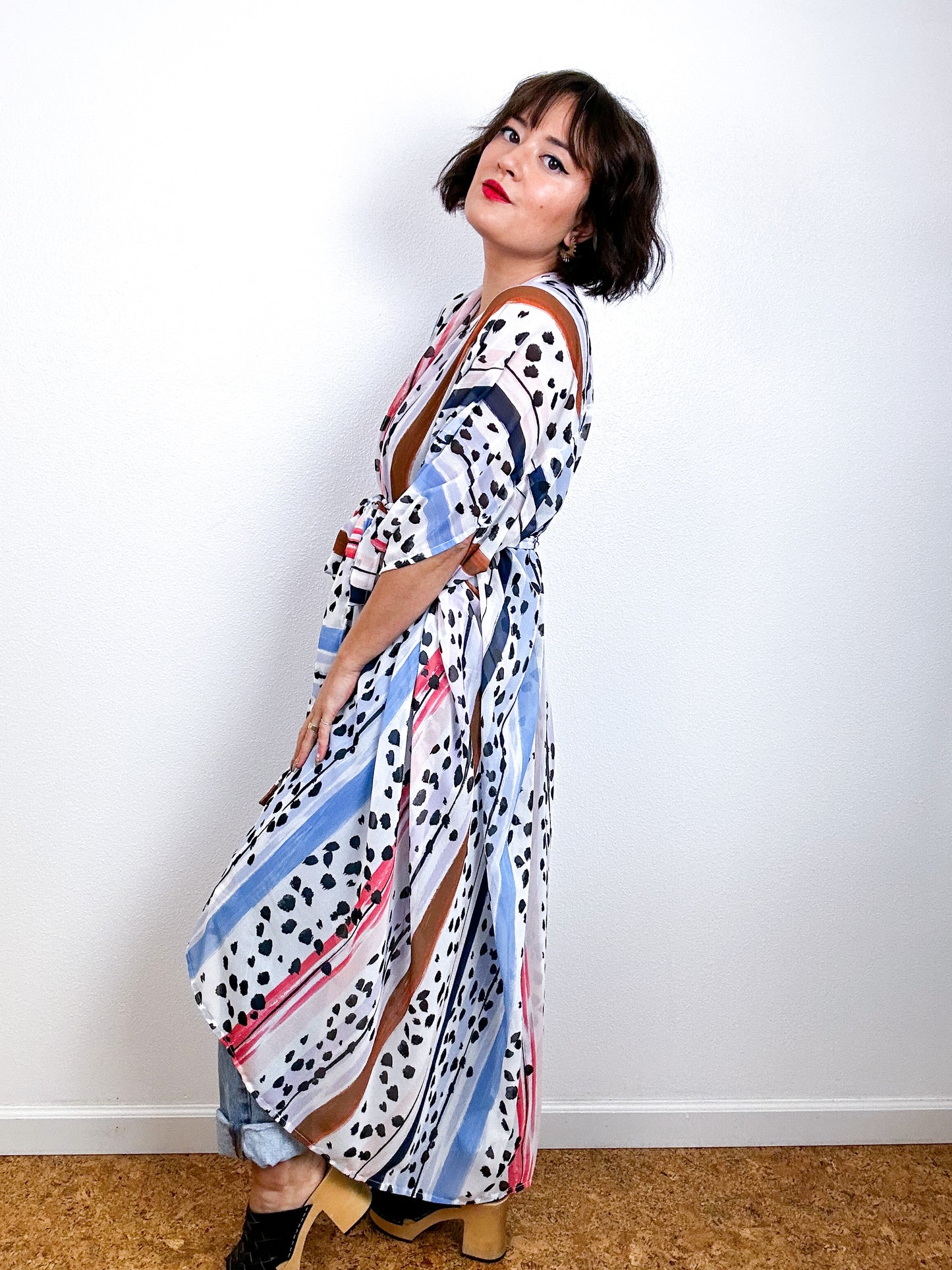 Print High Low Kimono Stripe Dots Chiffon