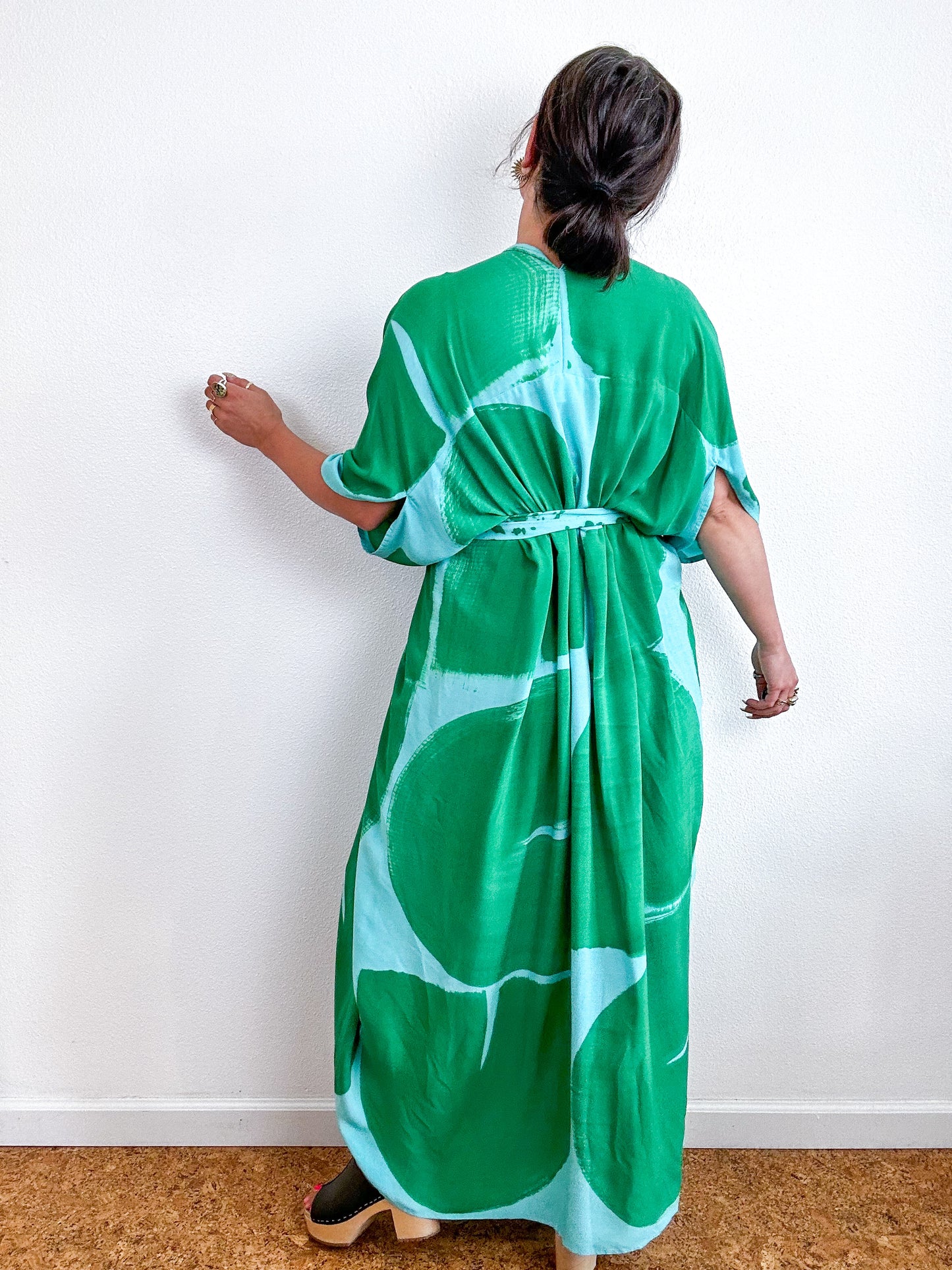 Hand-Dyed High Low Kimono Aqua Green Brushstroke