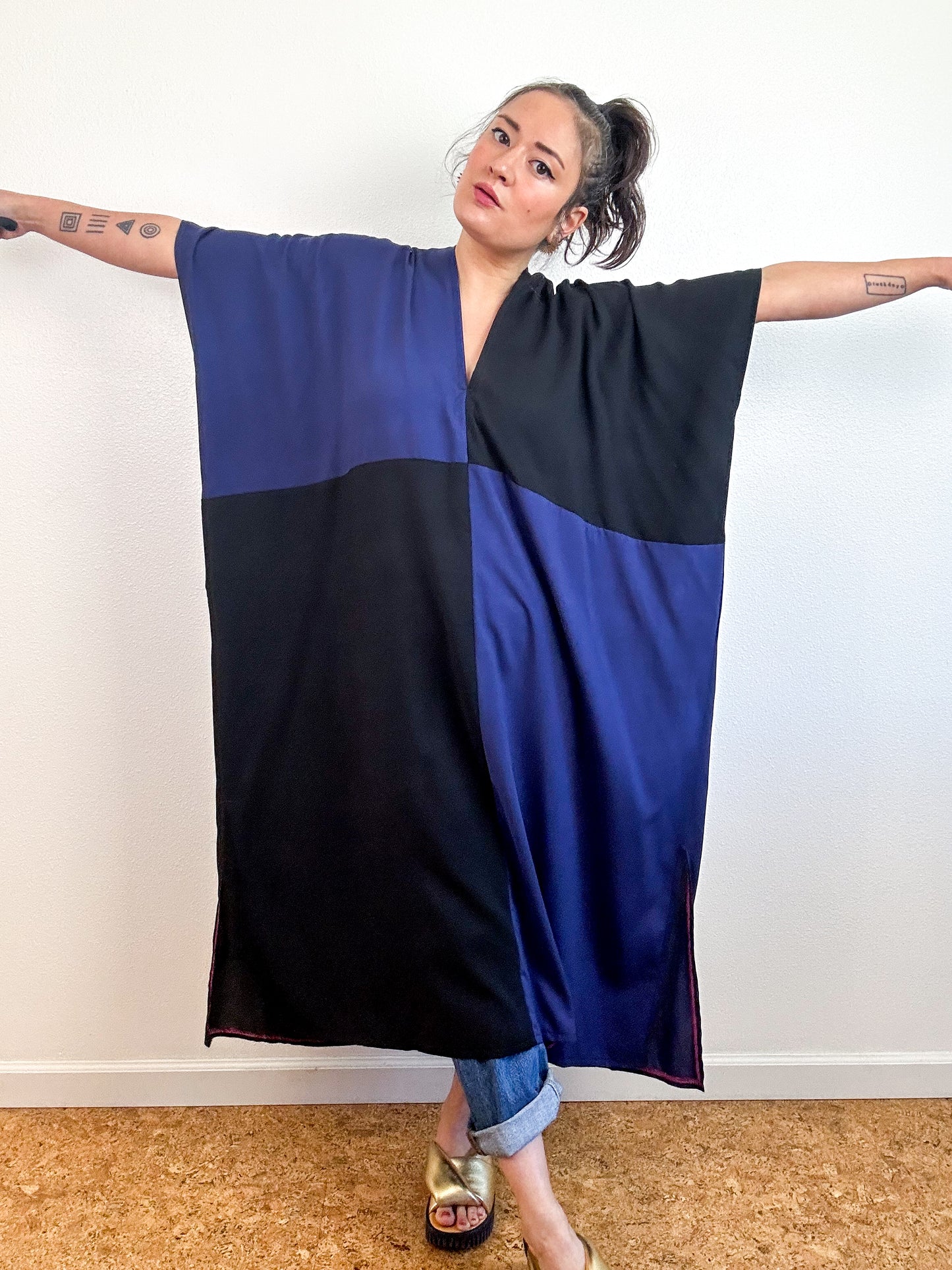 Color Block Midi Caftan Dress Navy Black