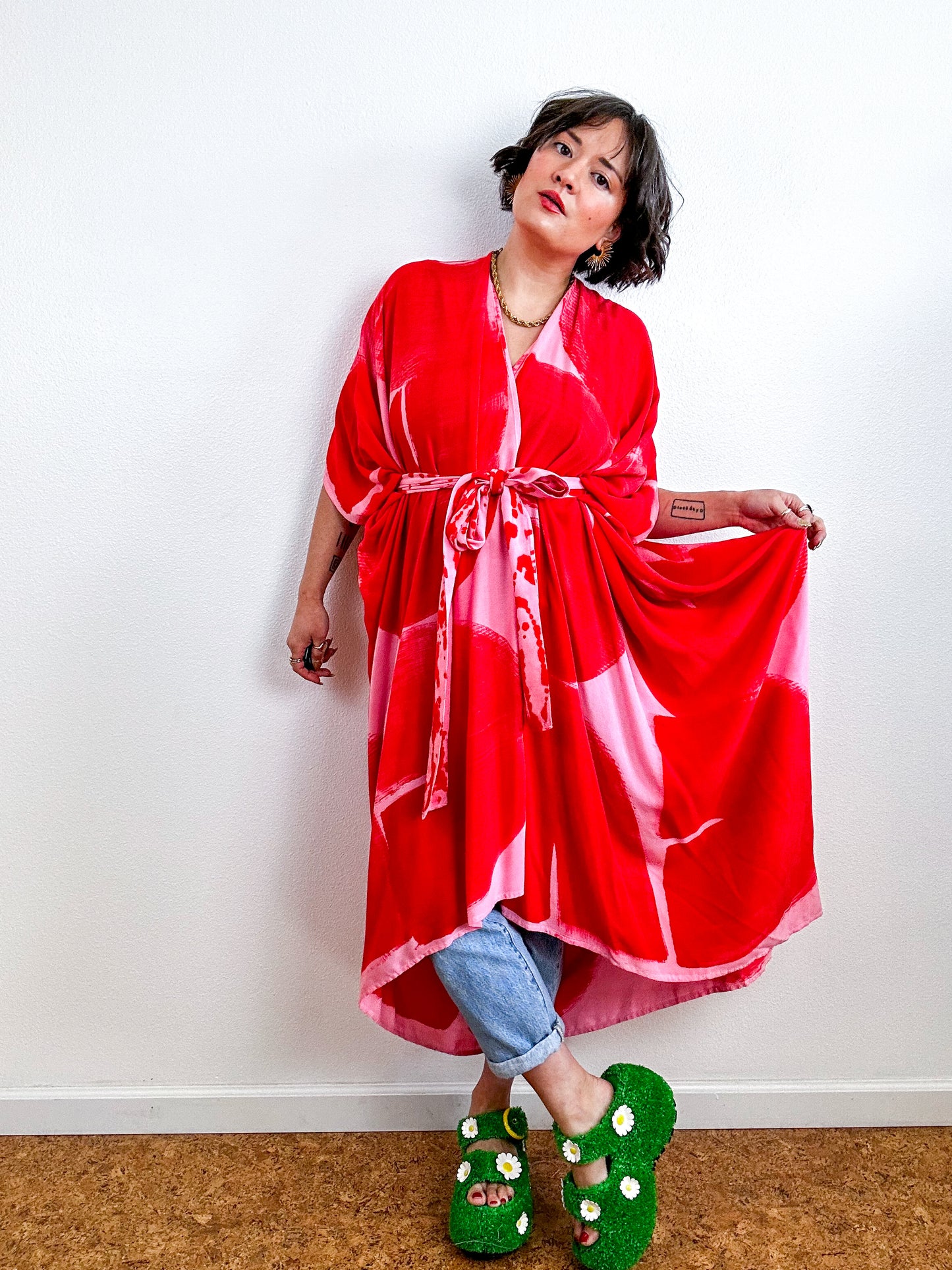 Hand-Dyed High Low Kimono Pink Scarlet Arc