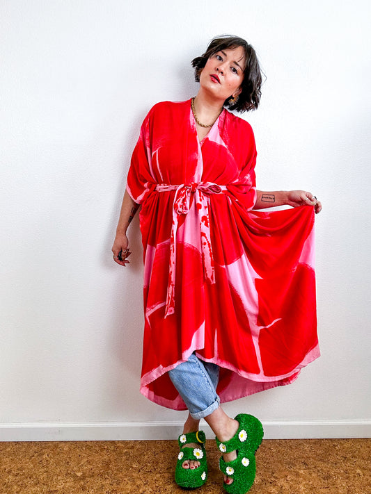 Hand-Dyed High Low Kimono Pink Scarlet Arc