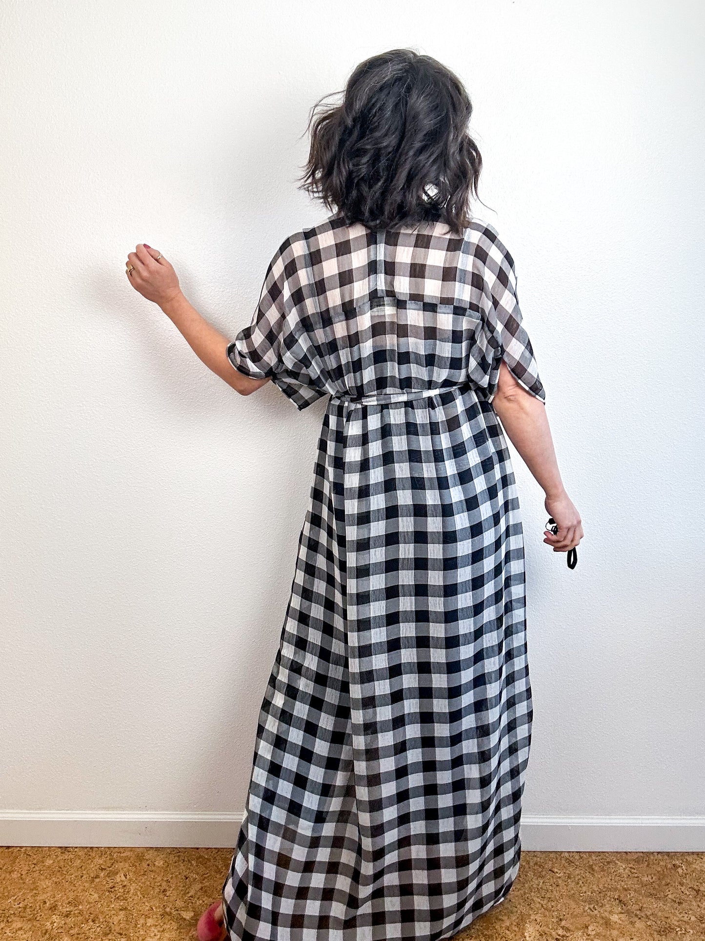 Print High Low Kimono Black Grey Check Chiffon