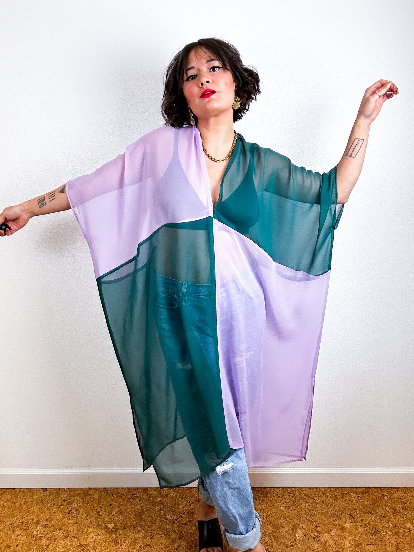 SILK Color Block Midi Caftan Dress Teal Lavender
