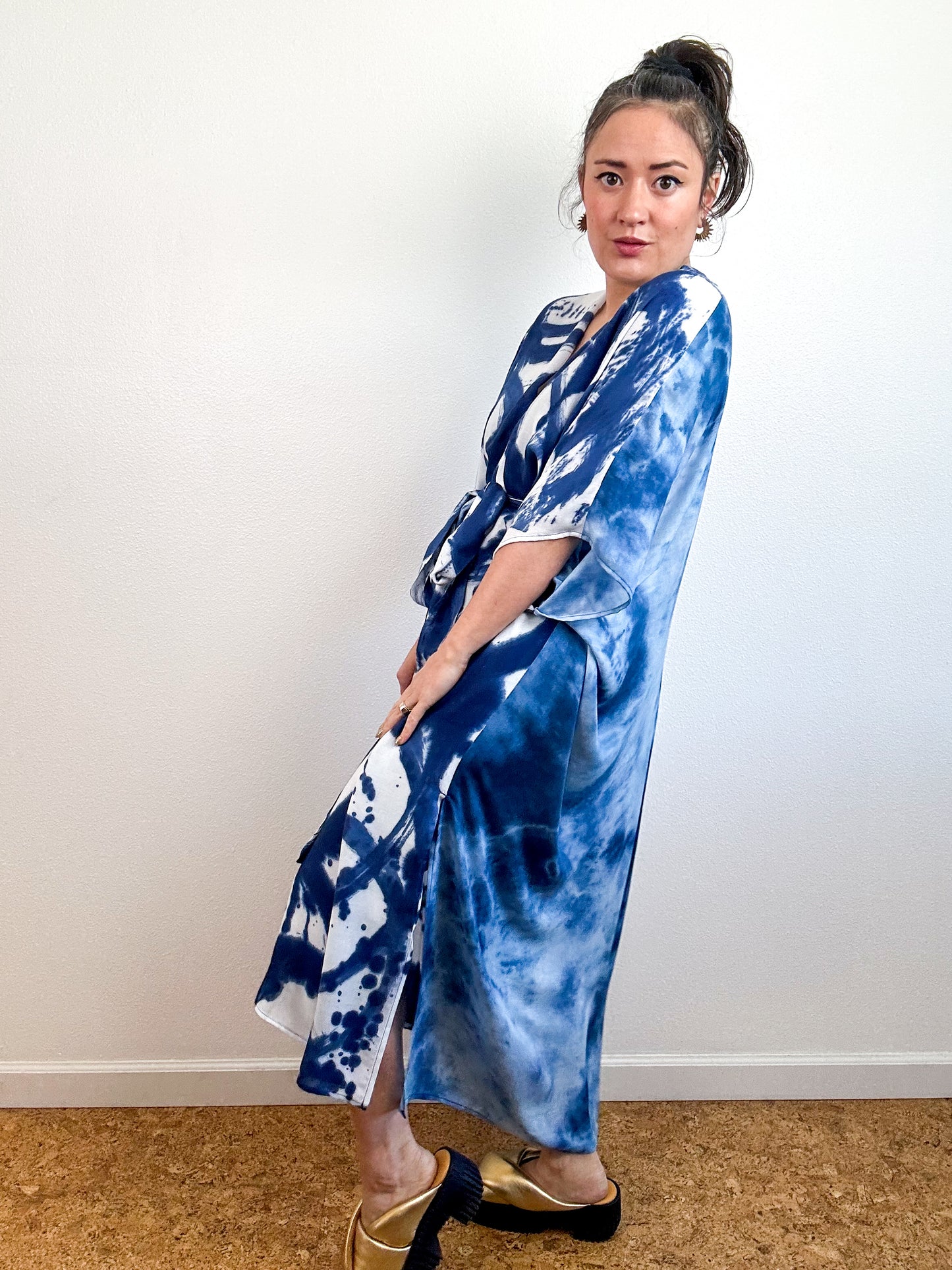 Hand-Dyed Bamboo Tie Caftan Blue Sumi Watercolor Mix