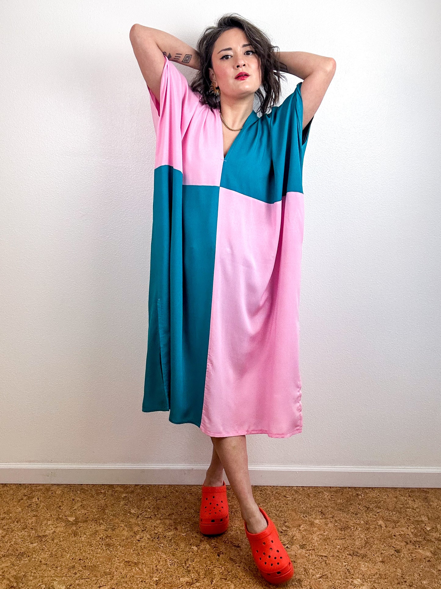 Color Block Midi Caftan Dress Pink Teal