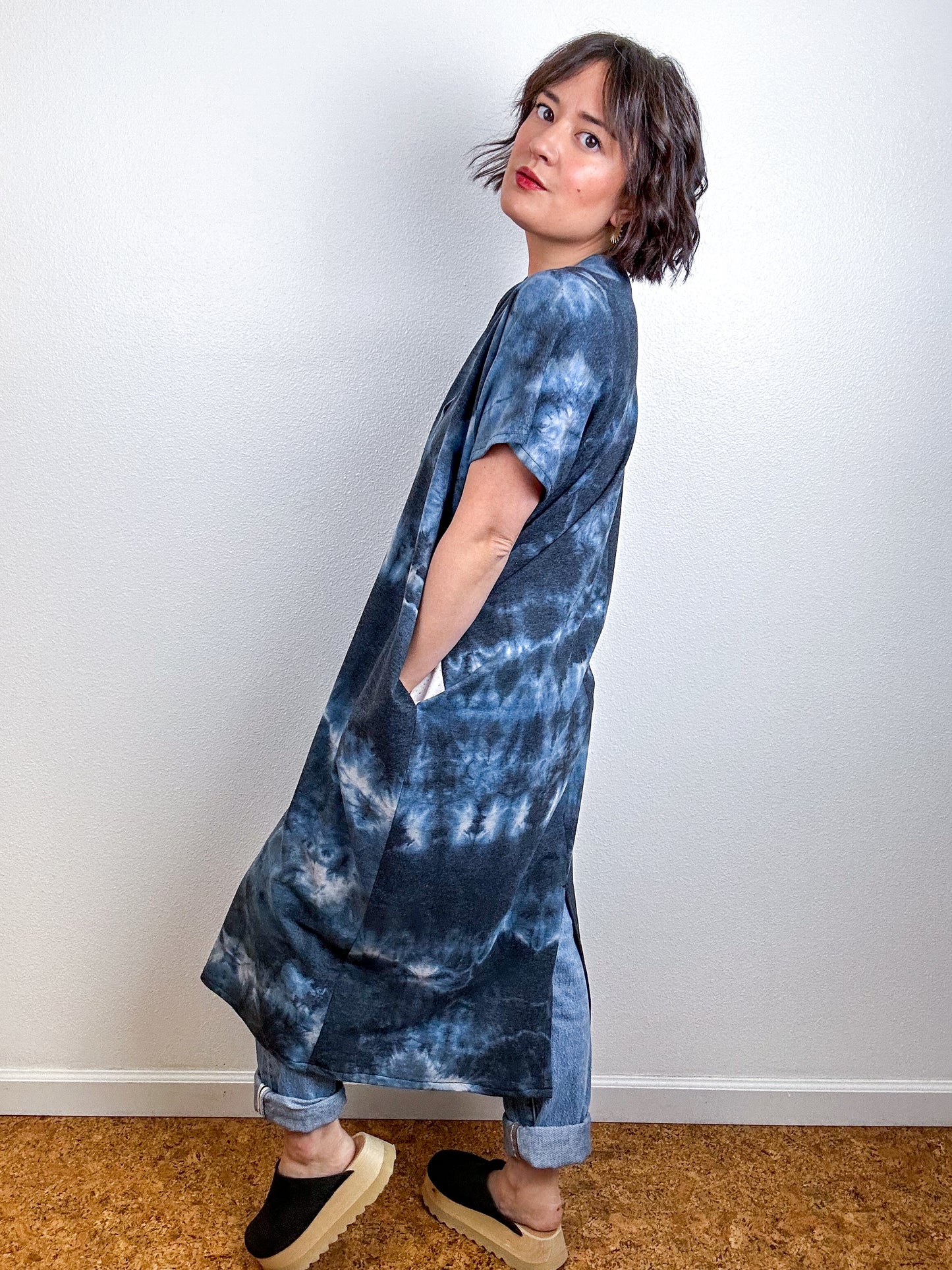 Hand-Dyed Midi Sweatshirt Smock Dress Blue Black Tie