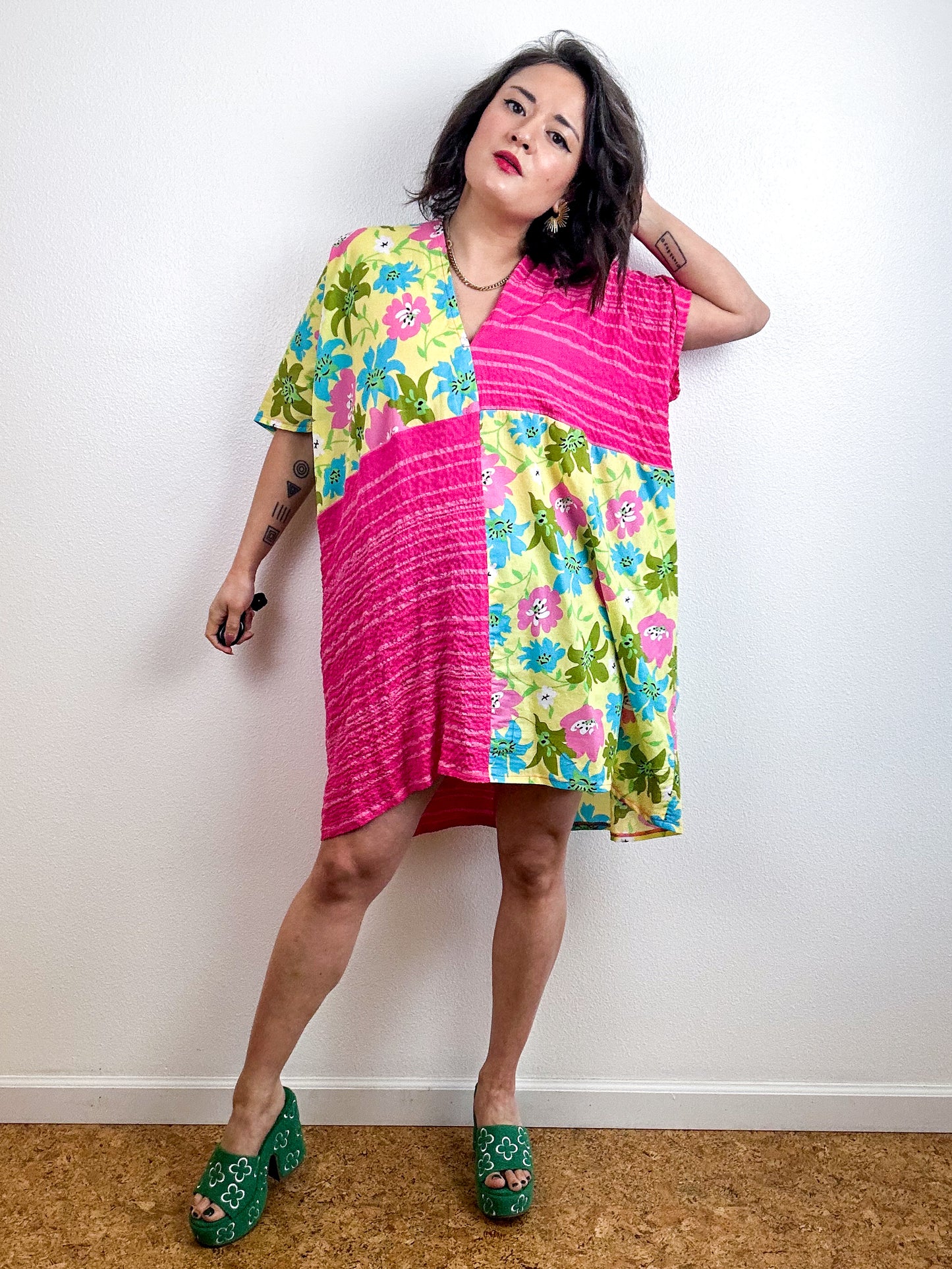 Color Block Mini Caftan Dress Yellow Floral Pink Stripe