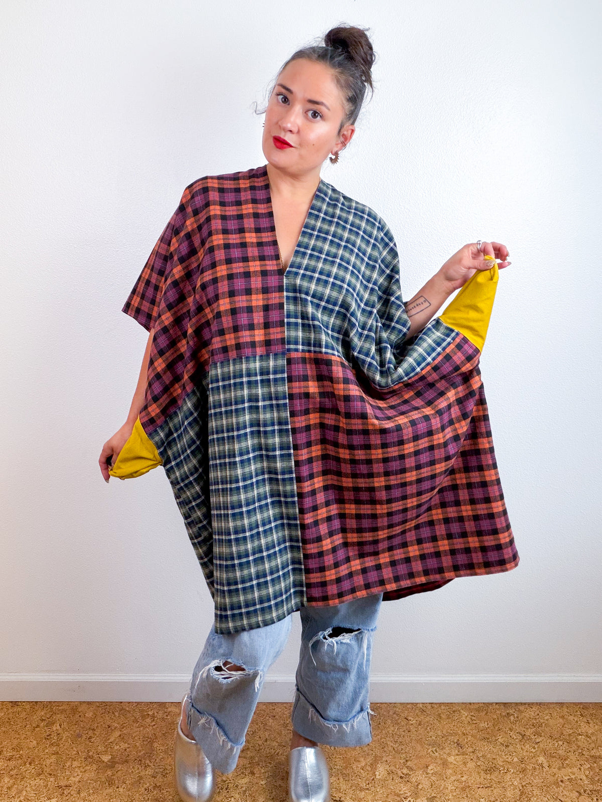 Plaid Flannel Caftan Dress Olive Rust