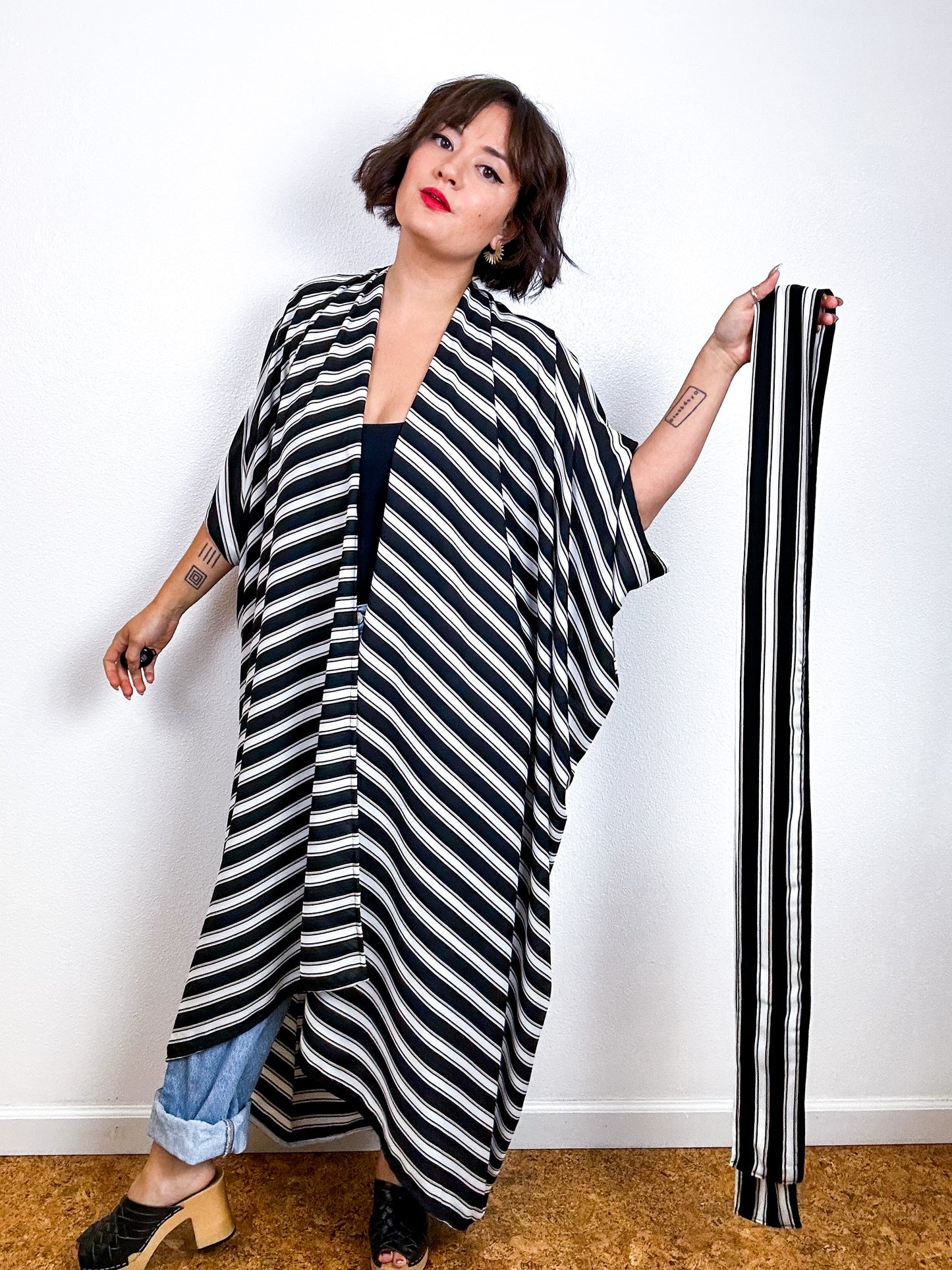 Print High Low Kimono Black White Tan Stripe Georgette