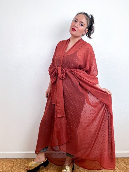 Print High Low Kimono Rust Swiss Dot Chiffon