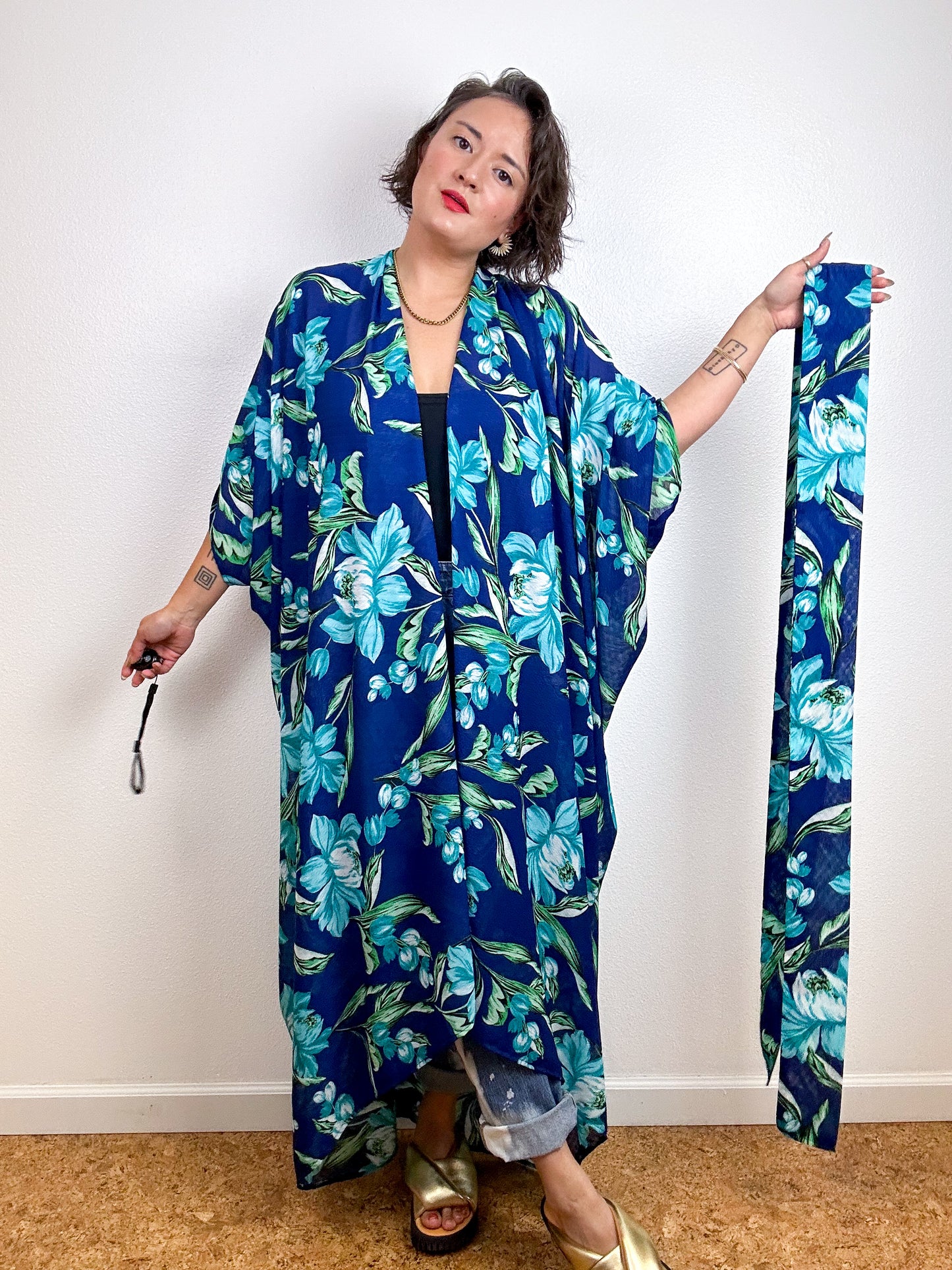 Print High Low Kimono Navy Aqua Floral Chiffon