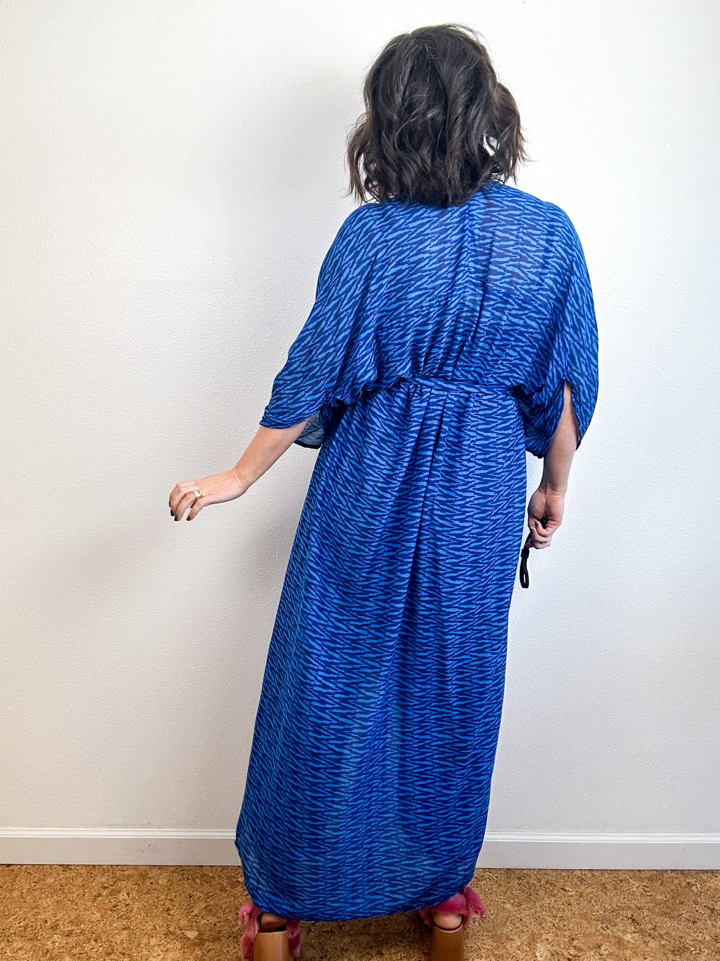 Print High Low Kimono Blue Chevron Tissue Challis
