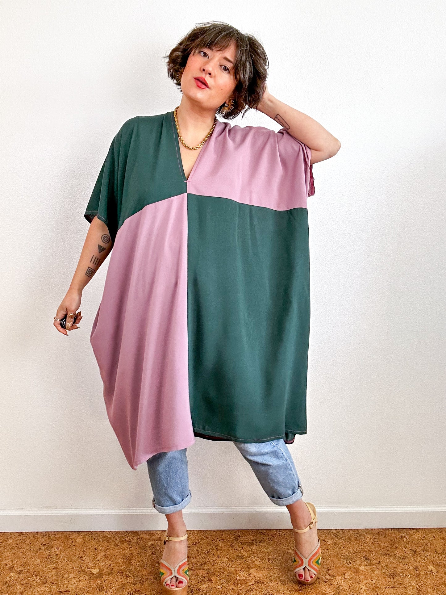 Color Block Mini Caftan Dress Forest Mauve