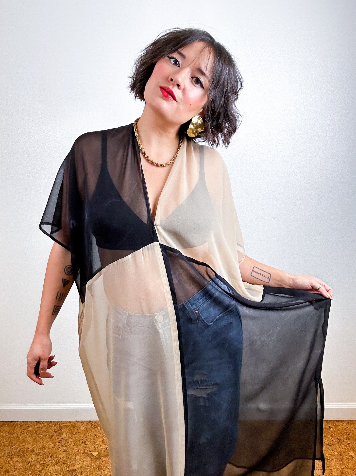 SILK Color Block Midi Caftan Dress Fawn Black