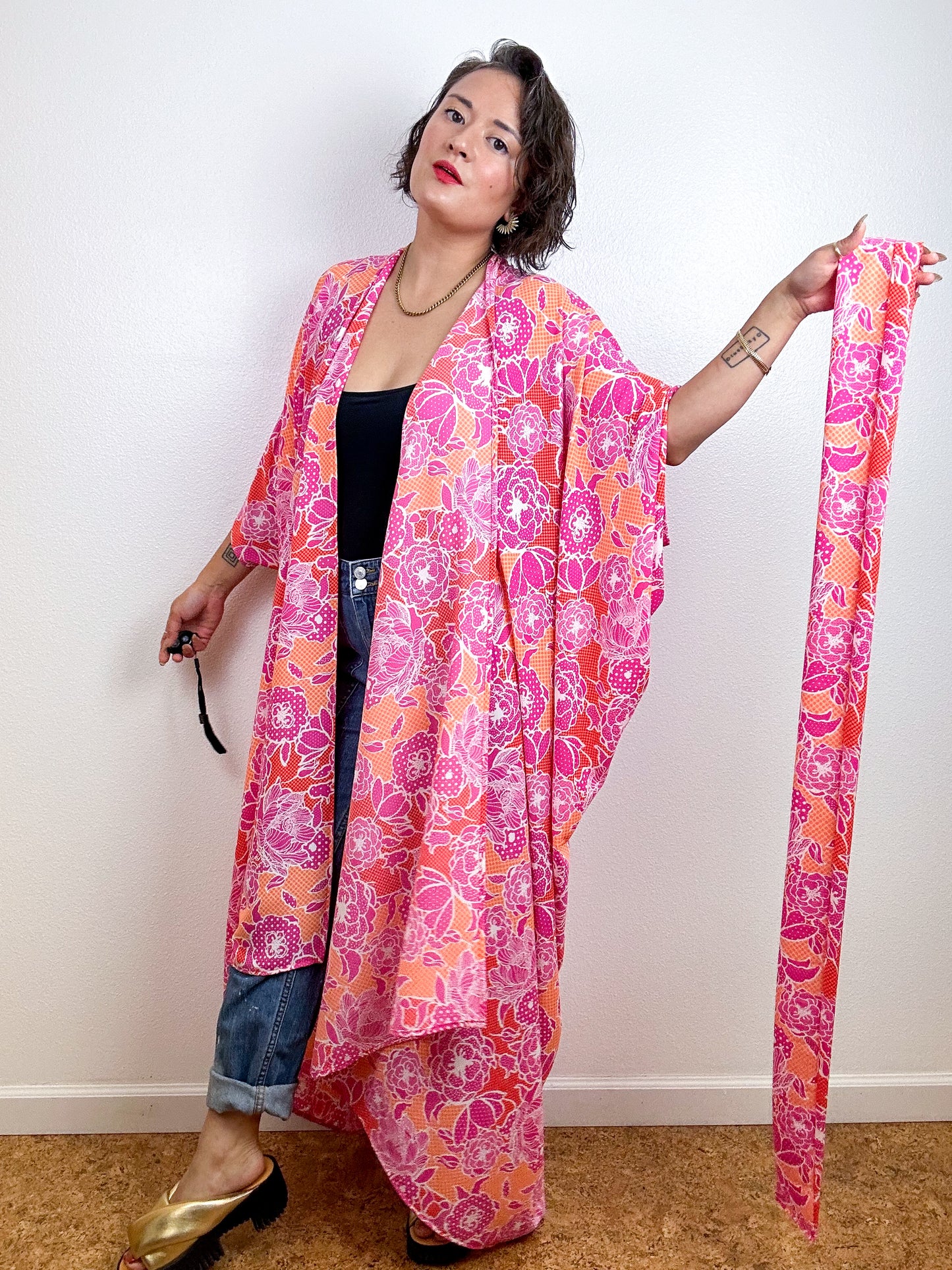 High Low Kimono Pink Orange Floral Dots Bubble Crepe