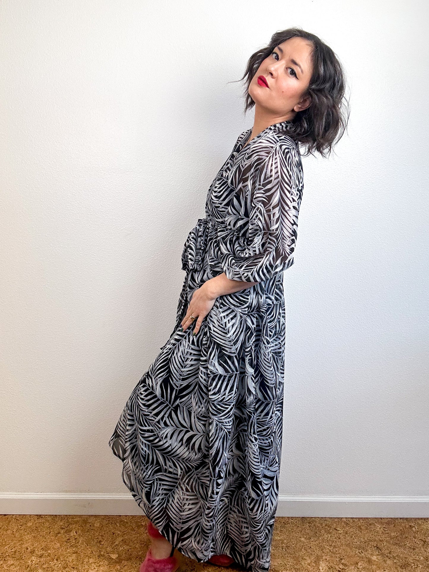 Print High Low Kimono Black Palm Leaves Chiffon