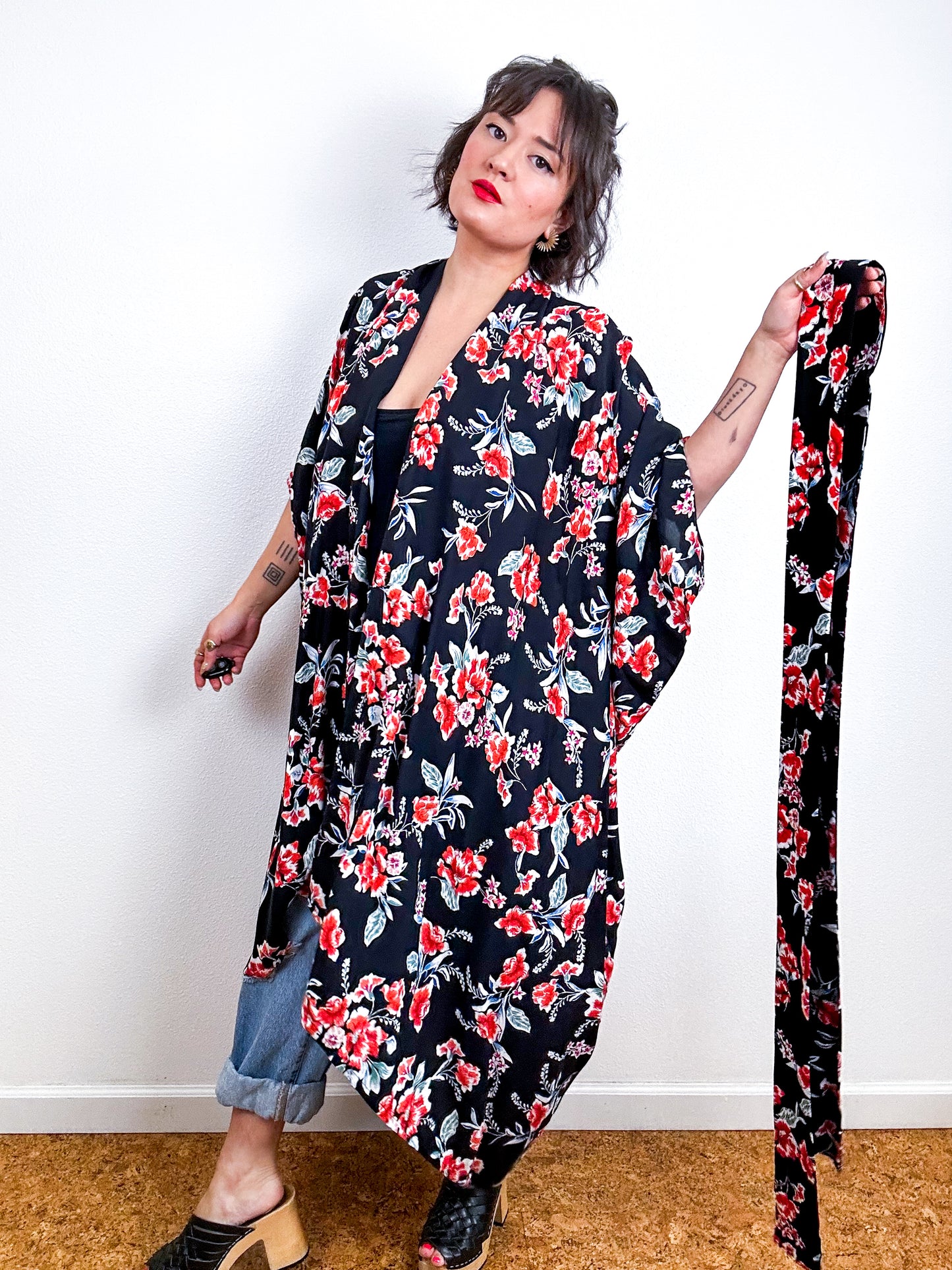 Print High Low Kimono Black Red Floral Challis