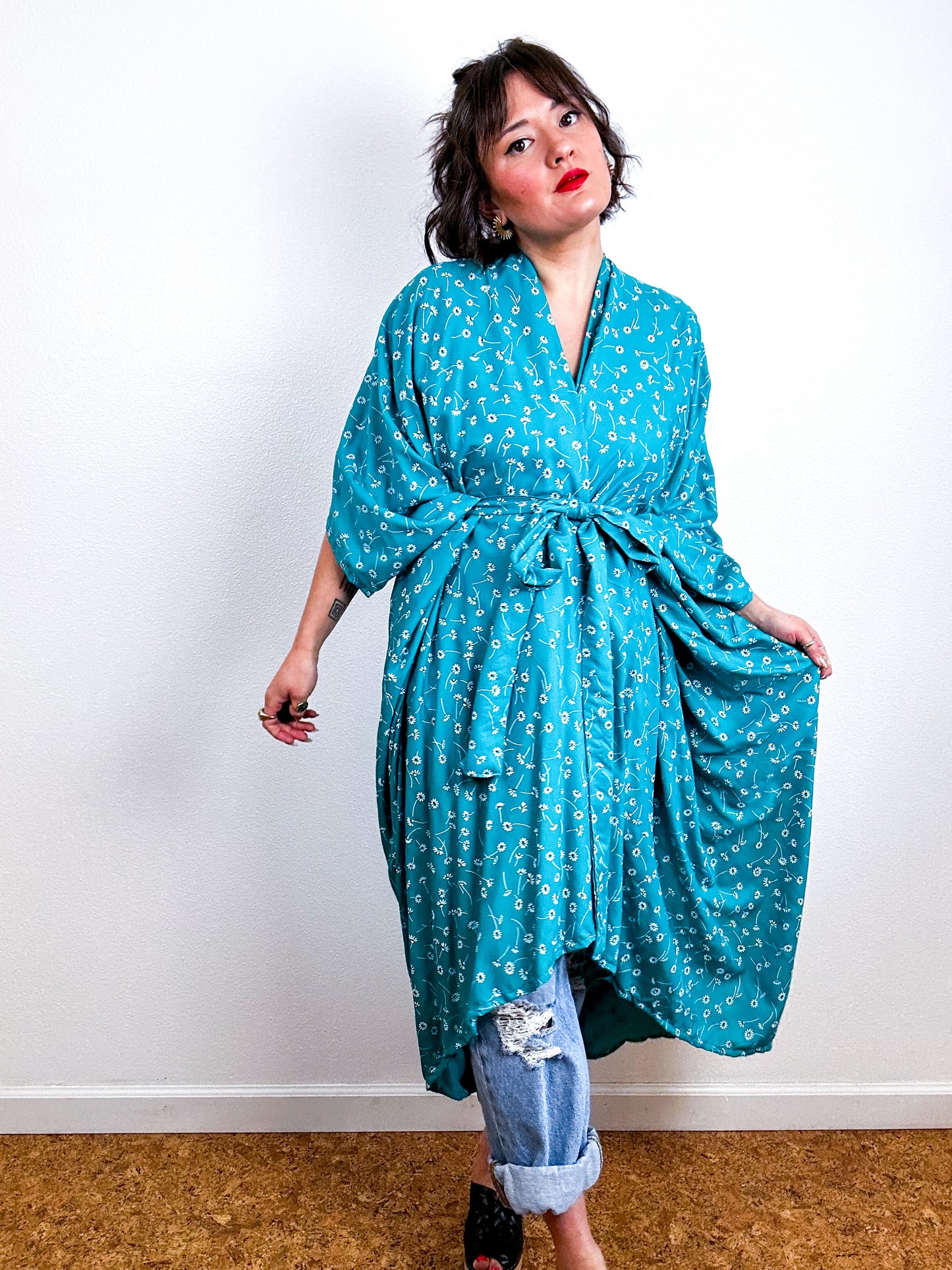 Print High Low Kimono Teal Daisy Challis