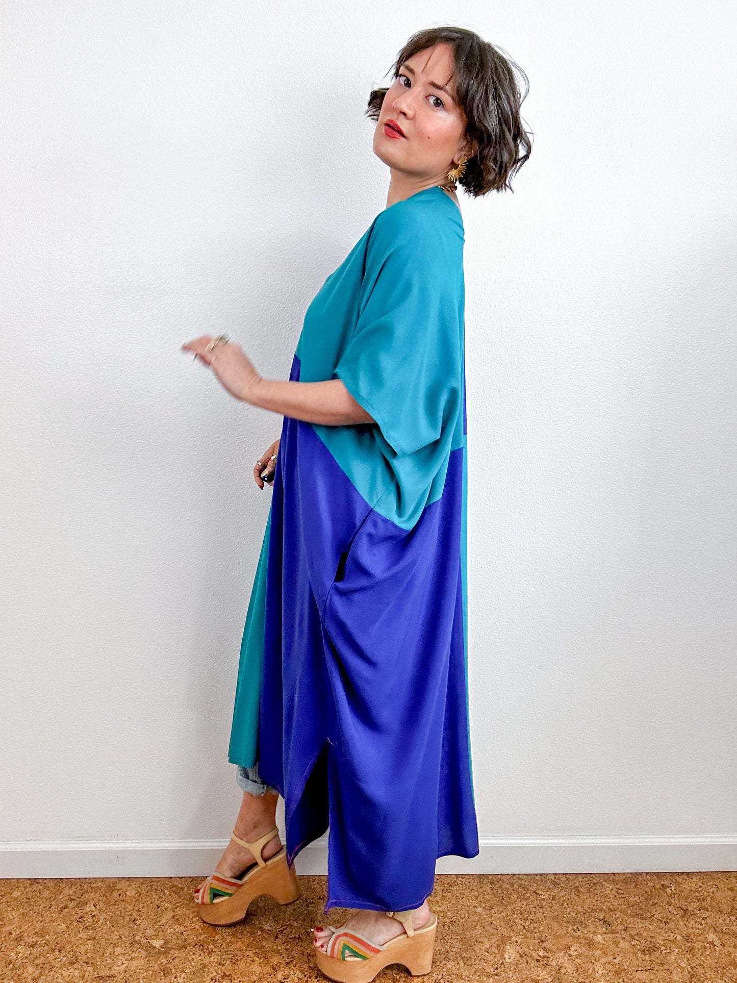 Color Block Midi Caftan Dress Turquoise Royal