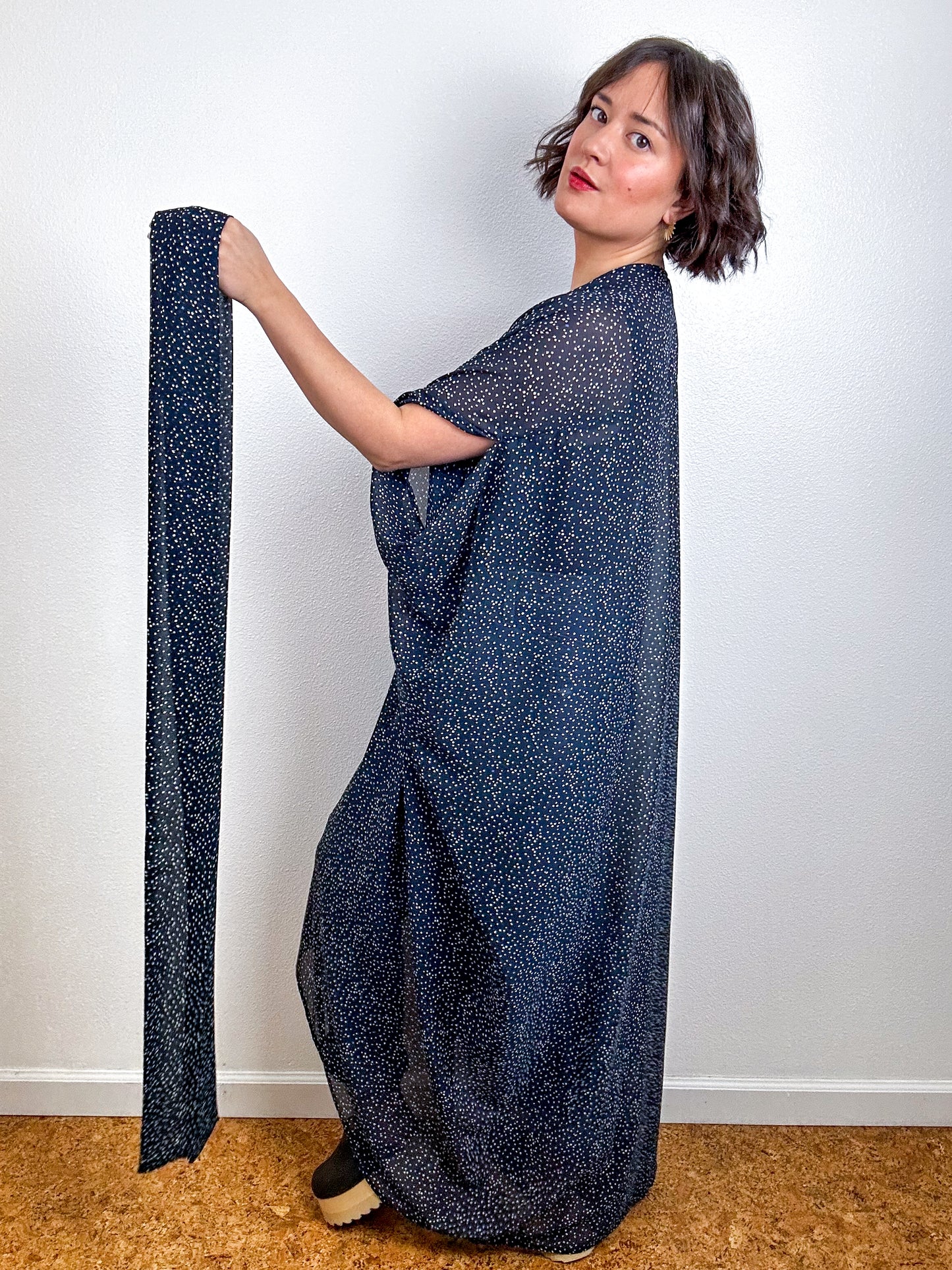 Print High Low Kimono Navy Confetti Chiffon